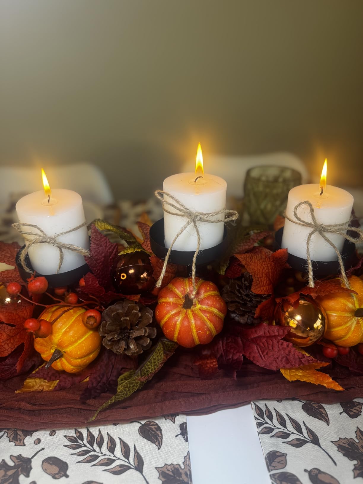 Fall Candle Holder Centerpiece for Table - Thanksgiving Table Decor with Pumpkins, Maple Leaves, Autumn Harvest Decoration with 3 Candle Holders for Dining Table, Fireplace & Home Decor customer photo 1