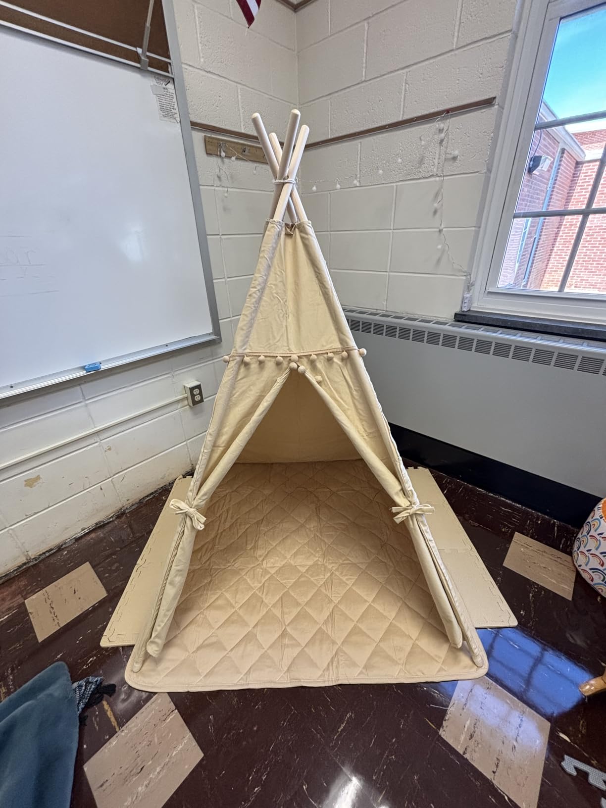 WIRHAO Teepee Tent for Kids with Mat, Cotton Canvas Kids Teepee with Pompom for Toddlers Indoor Play Tent for Girls Boys with Stars Lights, Carry Bag, Banner Flag (Khaki) customer photo 2