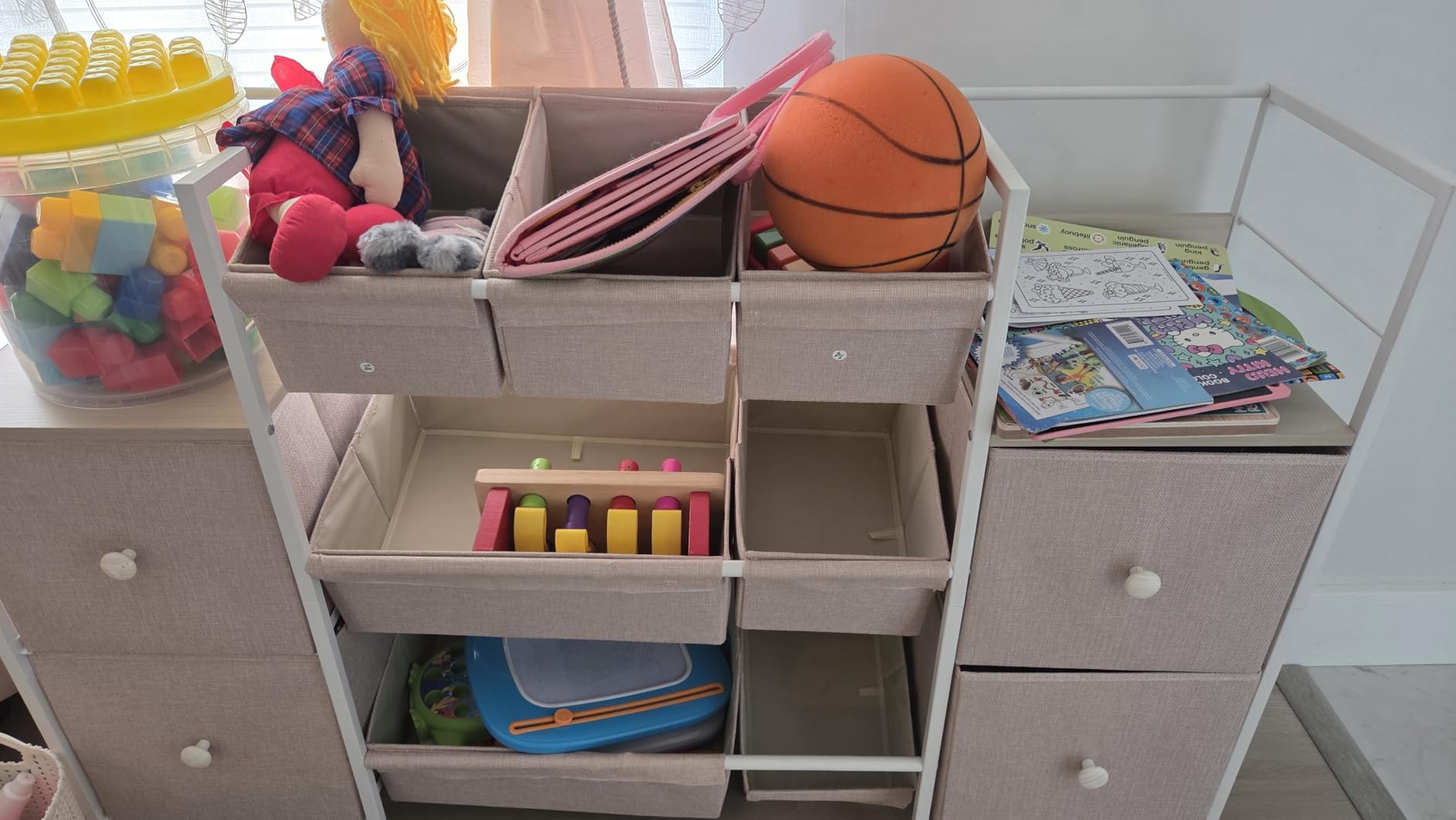 Modanais Kids Toy Organizers and Storage Bins, Off White | 7 Storage Bins + 2 Fabric Drawers + 1 Bookshelf, Playroom Storage, Organizer for Toy, Clothes, Blankets and Books customer photo 2