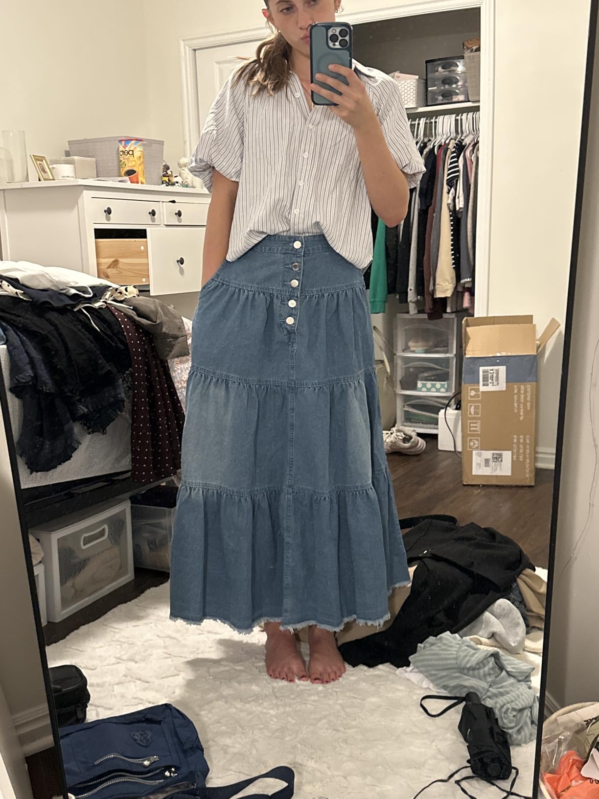 Women's High Waist Long Denim Skirt Button-Fly Tiered Ruffle Swing A-Line Jean Maxi Skirt with Pockets customer photo 1
