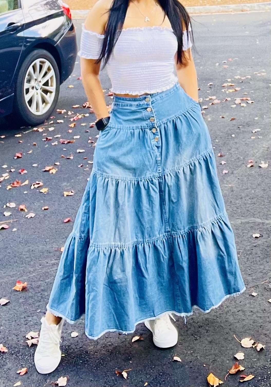 Women's High Waist Long Denim Skirt Button-Fly Tiered Ruffle Swing A-Line Jean Maxi Skirt with Pockets customer photo 2
