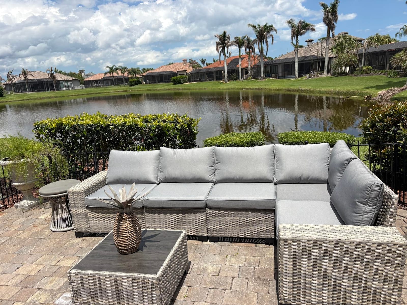 Outdoor Patio Furniture Set PE Wicker Rattan Outdoor Sectional Sofa | Patio Conversation Set with Rocking Swivel Chair, Chunky Arms Coffee Table & Thickened Cushions for Proch 9PCS, Navy Blue customer photo 1