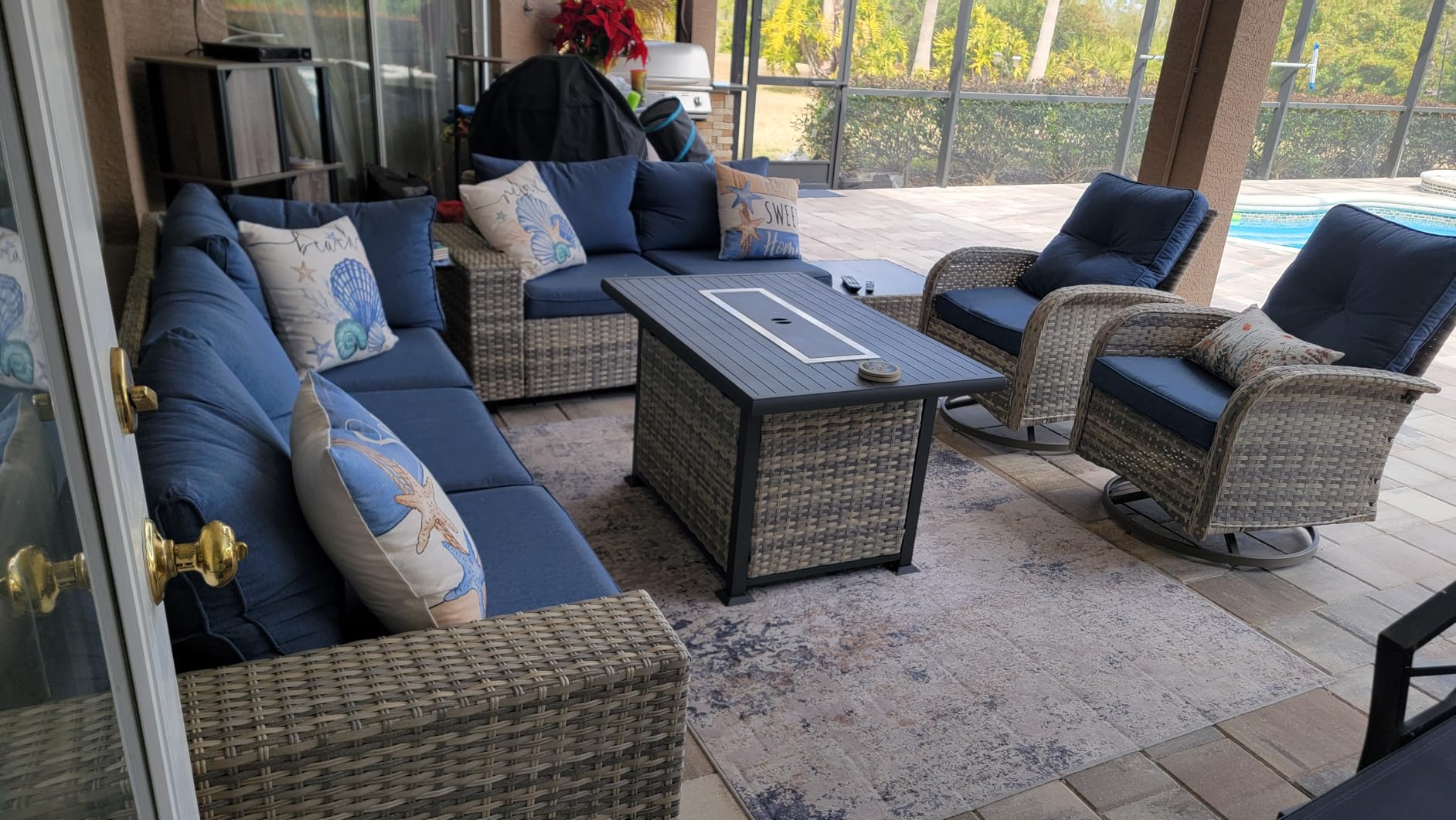 Outdoor Patio Furniture Set PE Wicker Rattan Outdoor Sectional Sofa | Patio Conversation Set with Rocking Swivel Chair, Chunky Arms Coffee Table & Thickened Cushions for Proch 9PCS, Navy Blue customer photo 2