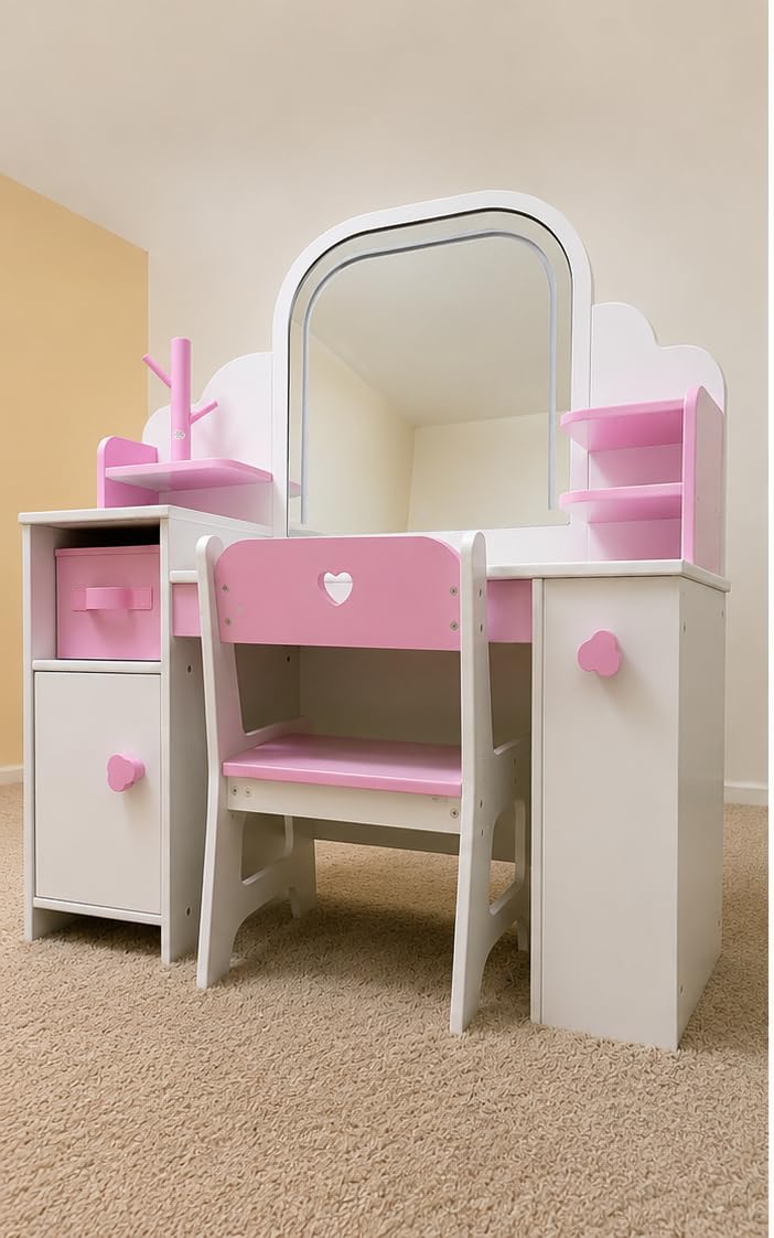 Frogprin Kids Vanity with Lights and Chair, Princess Makeup Vanity Desk with Mirror Bookshelf Storage Cabinet, 3 in 1 Toddler Vanity Table customer photo 1