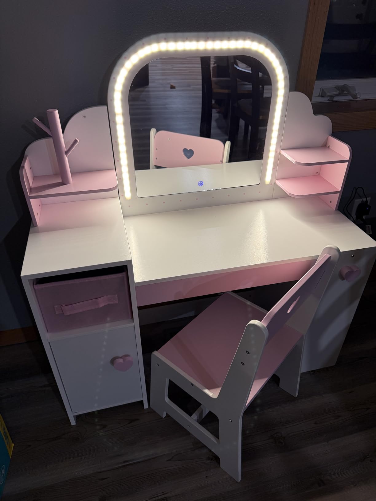 Frogprin Kids Vanity with Lights and Chair, Princess Makeup Vanity Desk with Mirror Bookshelf Storage Cabinet, 3 in 1 Toddler Vanity Table customer photo 2