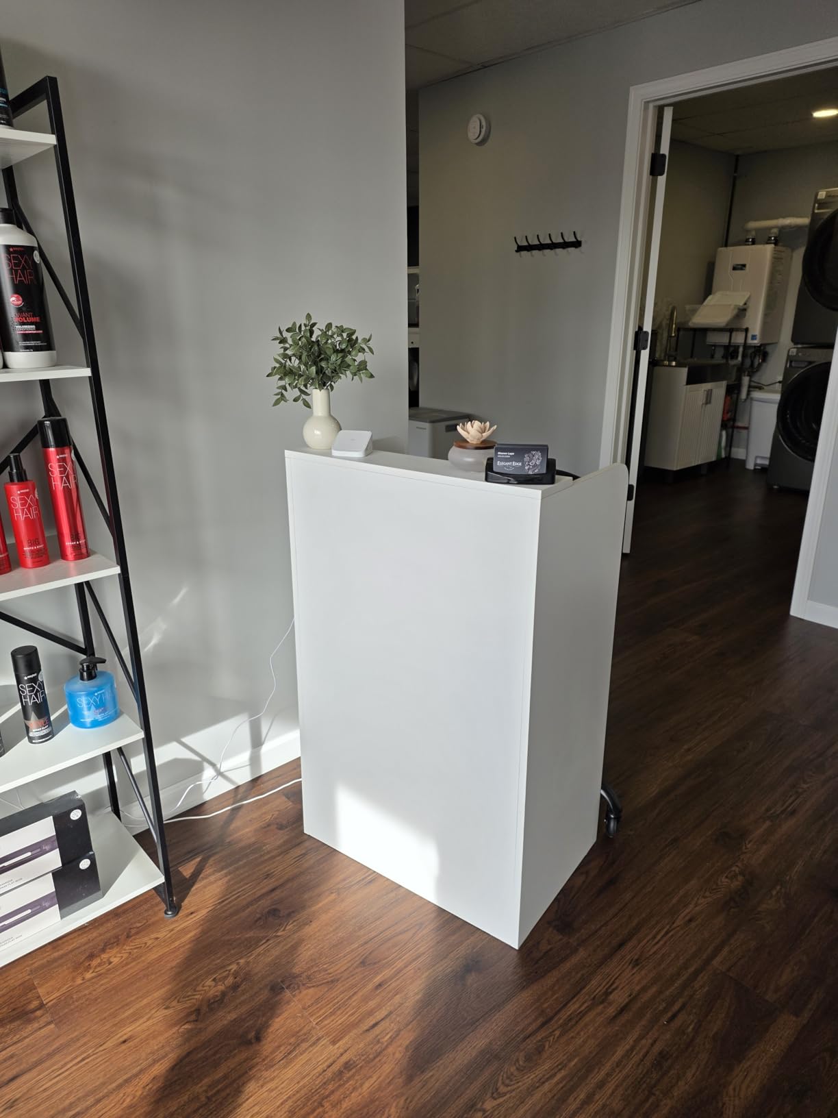 OmySalon Reception Desk with Counter, Small Front Desk w/Lockable Drawer, Wooden Modern Reception Table for Salon Lobby Office Home (White, 32) customer photo 1