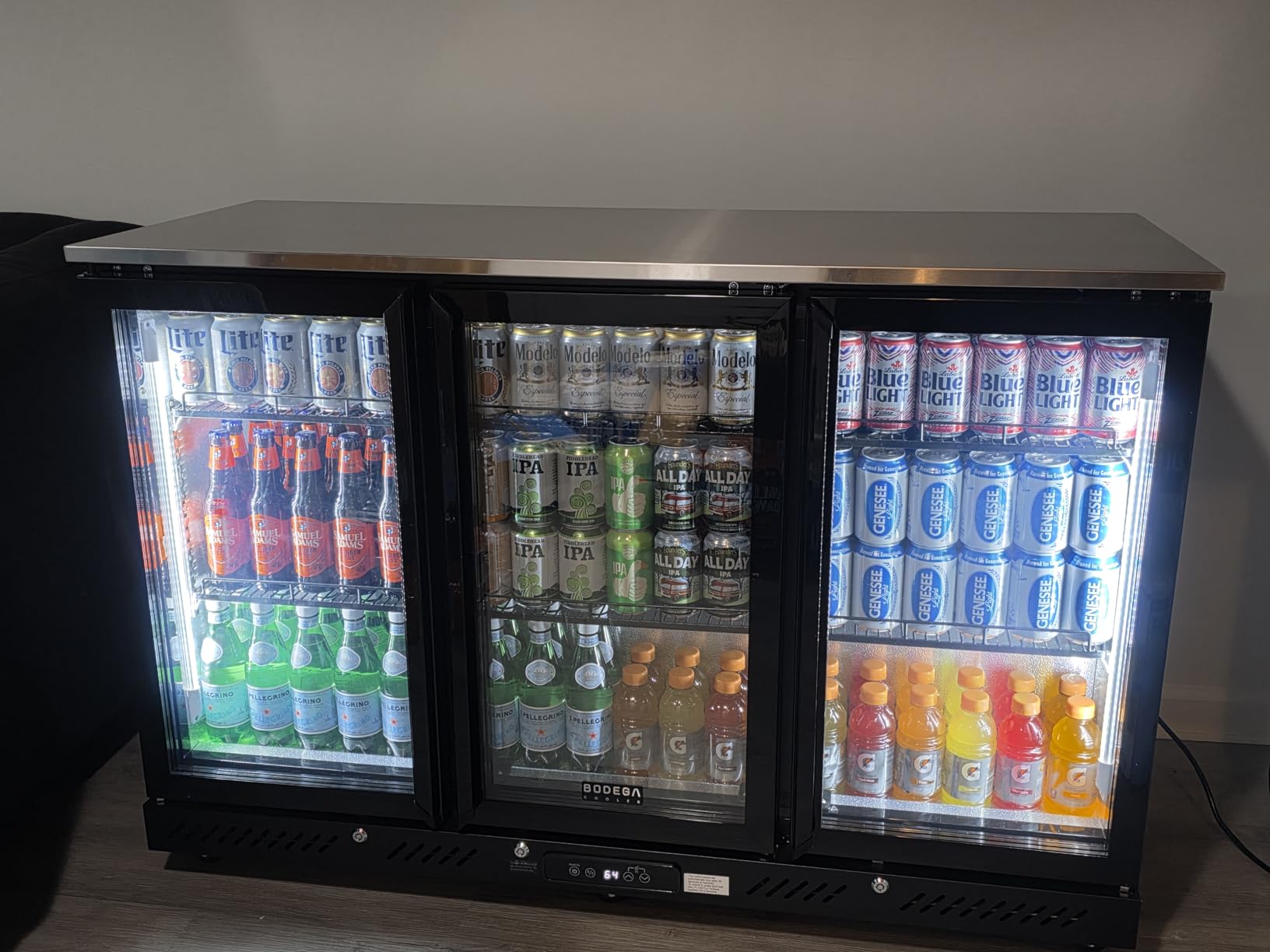 BODEGACOOLER Commercial Bar Cooler With 3 Glass Doors,12 Cu.Ft Counter Height Back Beverage Refrigerator,Display Bar Fridge with LED Lighting,Beverage Cooler for Beer Stainless Steel Top,With Casters customer photo 1