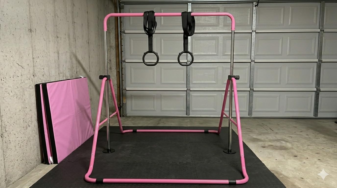 Foldable Gymnastics Bar at Home, 5-Height Adjustable | Easy Assembly, Robust & Stable, Indoor Outdoor Use, Space-Saving Design, Gymnastics Rings Included, Weight Limit 140LBS customer photo 2