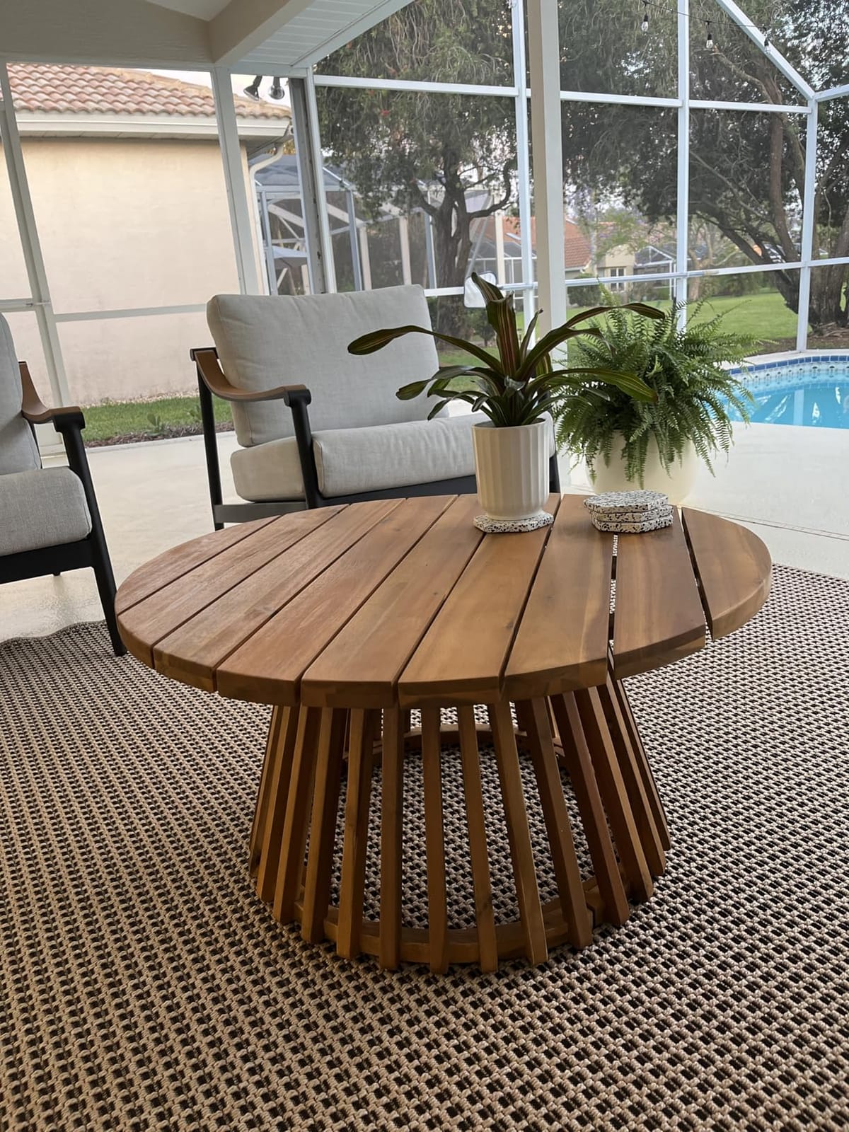 Merax Outdoor 4-Piece Acacia Wood Conversation Set - Patio 3-Seat Loveseat Sofa Daybed with Cushion, 2 Armchair and Round Coffee Table for Backyard, Lawn, Balcony, Teak + Beige customer photo 1