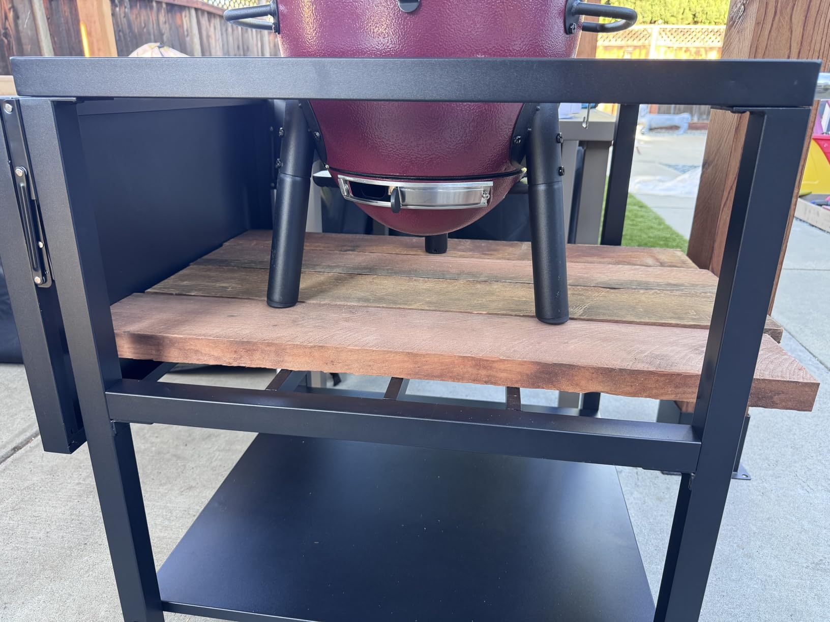 Heavy-Duty Grill Table Cart for Large Big Green Egg, Metal Green Egg Stand w/ 3' Casters, Foldable Side Table, Hooks, Bottom Shelf, Outdoor BBQ Prep Station customer photo 2