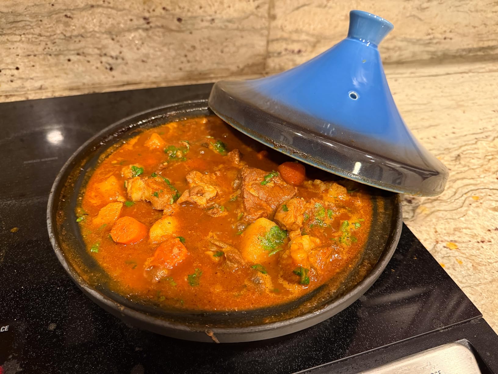 Moroccan Tagine for Cooking: Enameled Cast Iron Cooking Pot, Slow Cooker, Classic Kitchen Cookware, Tajine with Ceramic Cone-Shaped Closed Lid, 3.3 QT, Blue customer photo 2