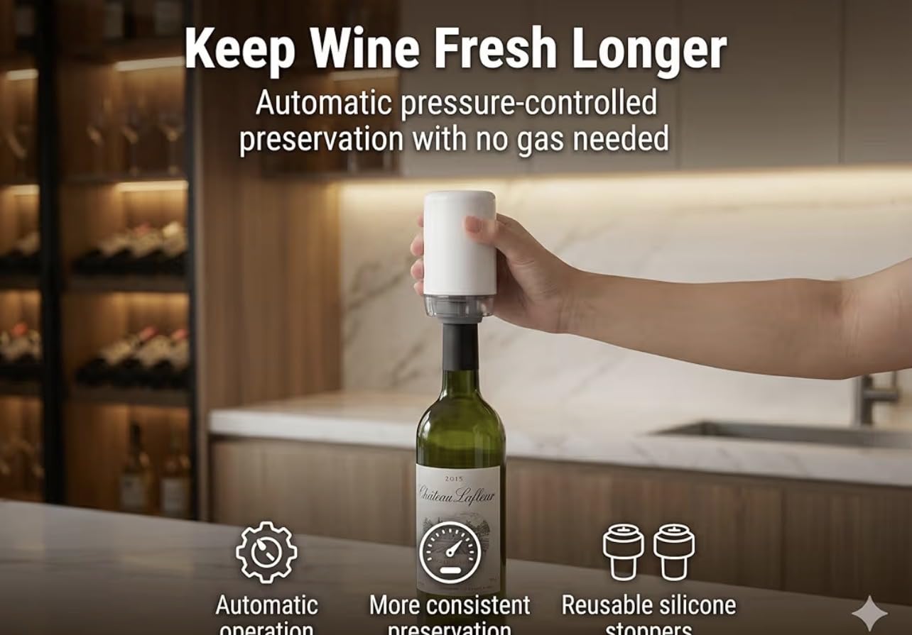 Automatic Wine Preserver, Hands-Free Pressure Control, 2 Stoppers | Pressure-Controlled Seal, No Gas or Hand Pumping - Rechargeable customer photo 1