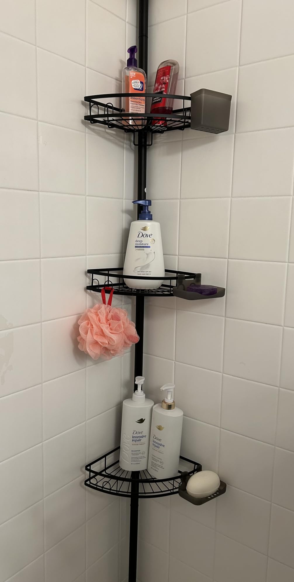 Tension Pole Shower Caddy Corner: Adjustable 4-Tier Bathroom Organizer Shelves - Rustproof Bathtub Shampoo Rack, No-Drill Standing Shower Caddy for Renters, Apartment & Family Bathroom 31-124 inch customer photo 2