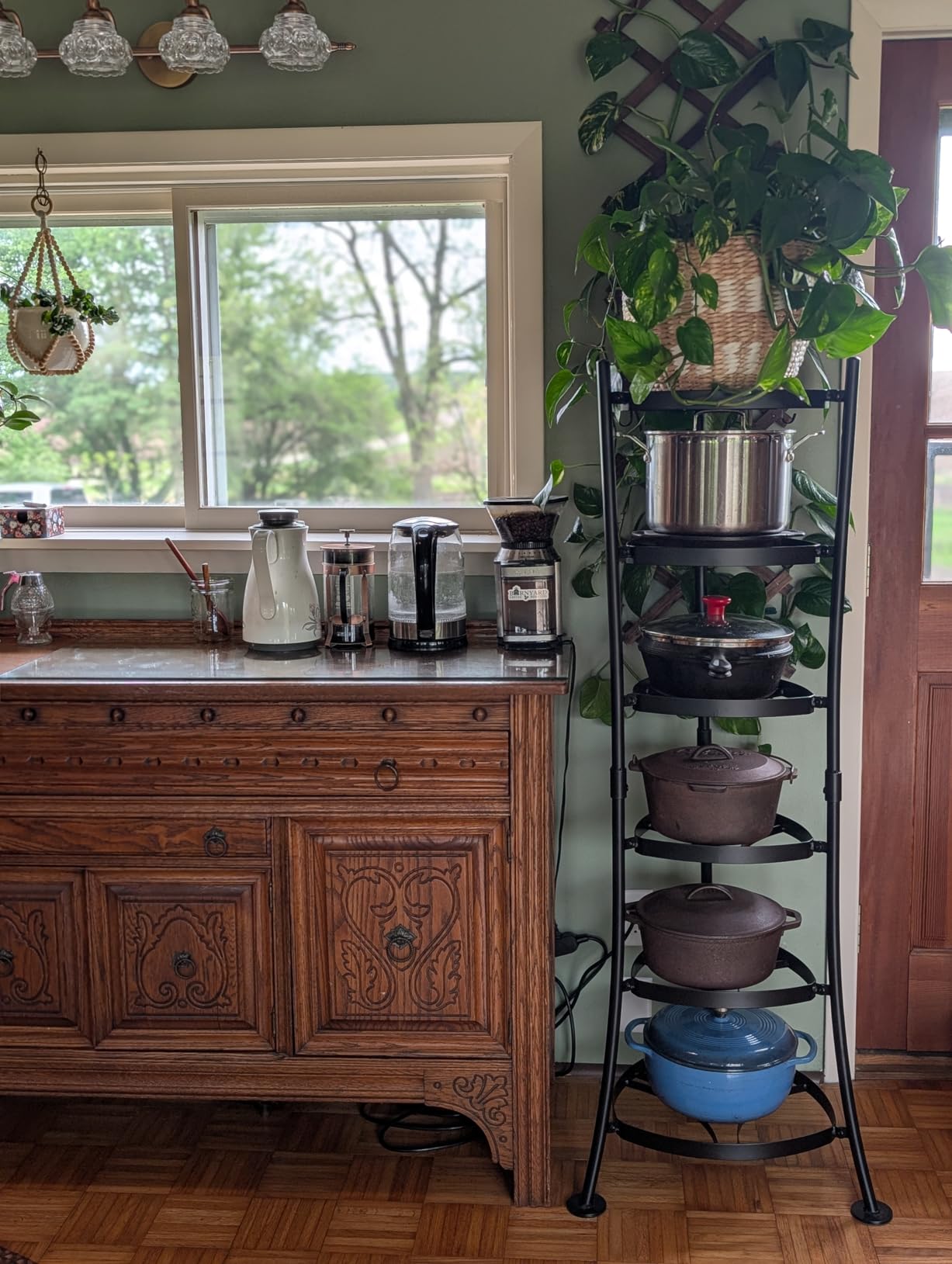 KES 264 Lbs Capacity Freestanding Pot Rack, 6-Tier Cast Iron Cookware Stand with 6 Hooks, Pots and Pans Storage Tower for Kitchen Corner, Stable Base, Anti-tip Strap & Floor Protectors, Black customer photo 1