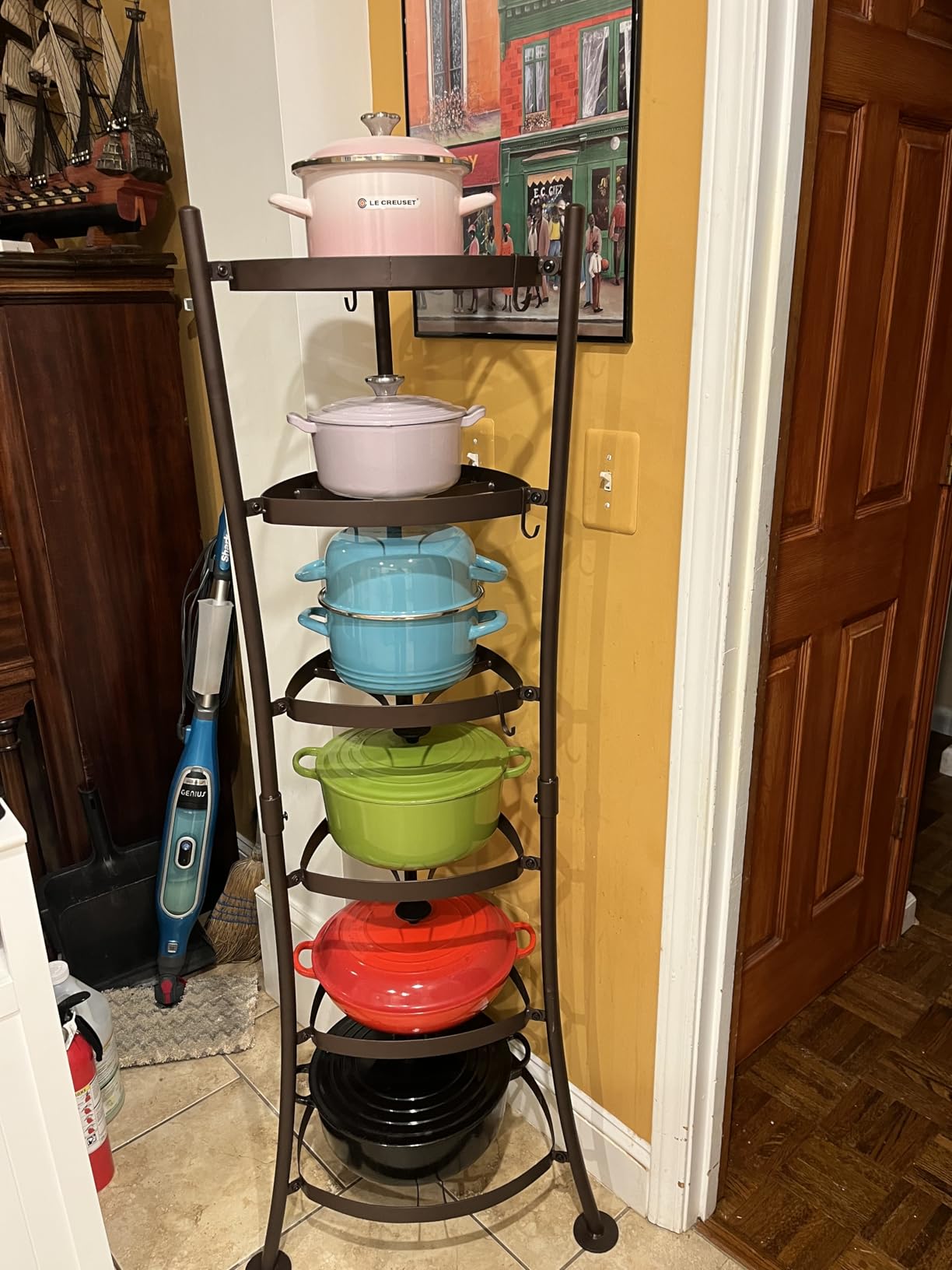 KES 264 Lbs Capacity Freestanding Pot Rack, 6-Tier Cast Iron Cookware Stand with 6 Hooks, Pots and Pans Storage Tower for Kitchen Corner, Stable Base, Anti-tip Strap & Floor Protectors, Black customer photo 2