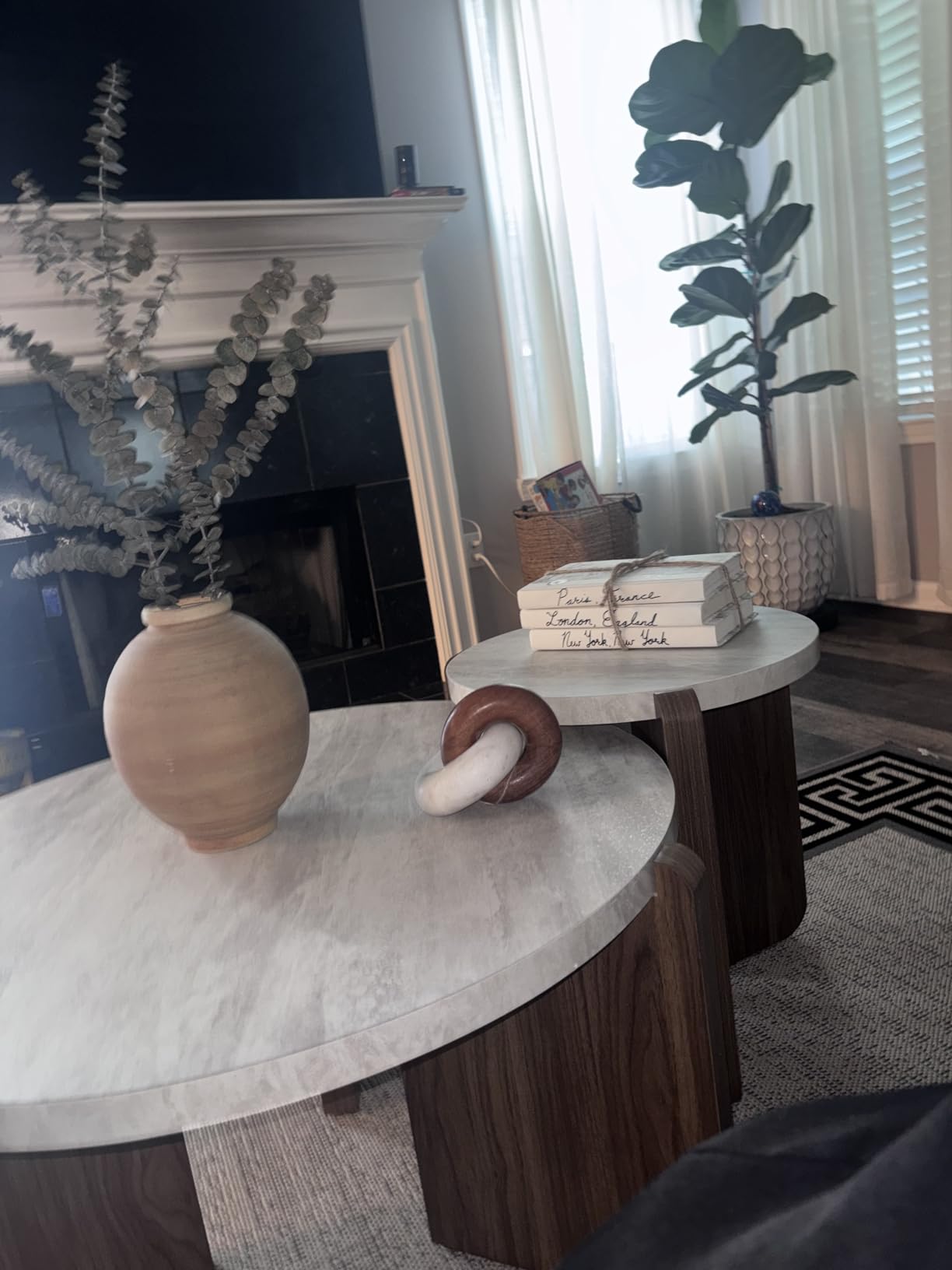 COSIEST Modern 2-Piece Faux Marble Round Coffee & Side Table Set | Minimalist living room center & accent tables. Walnut & cream legs, waterproof engineered wood top, safe rounded edges. customer photo 1