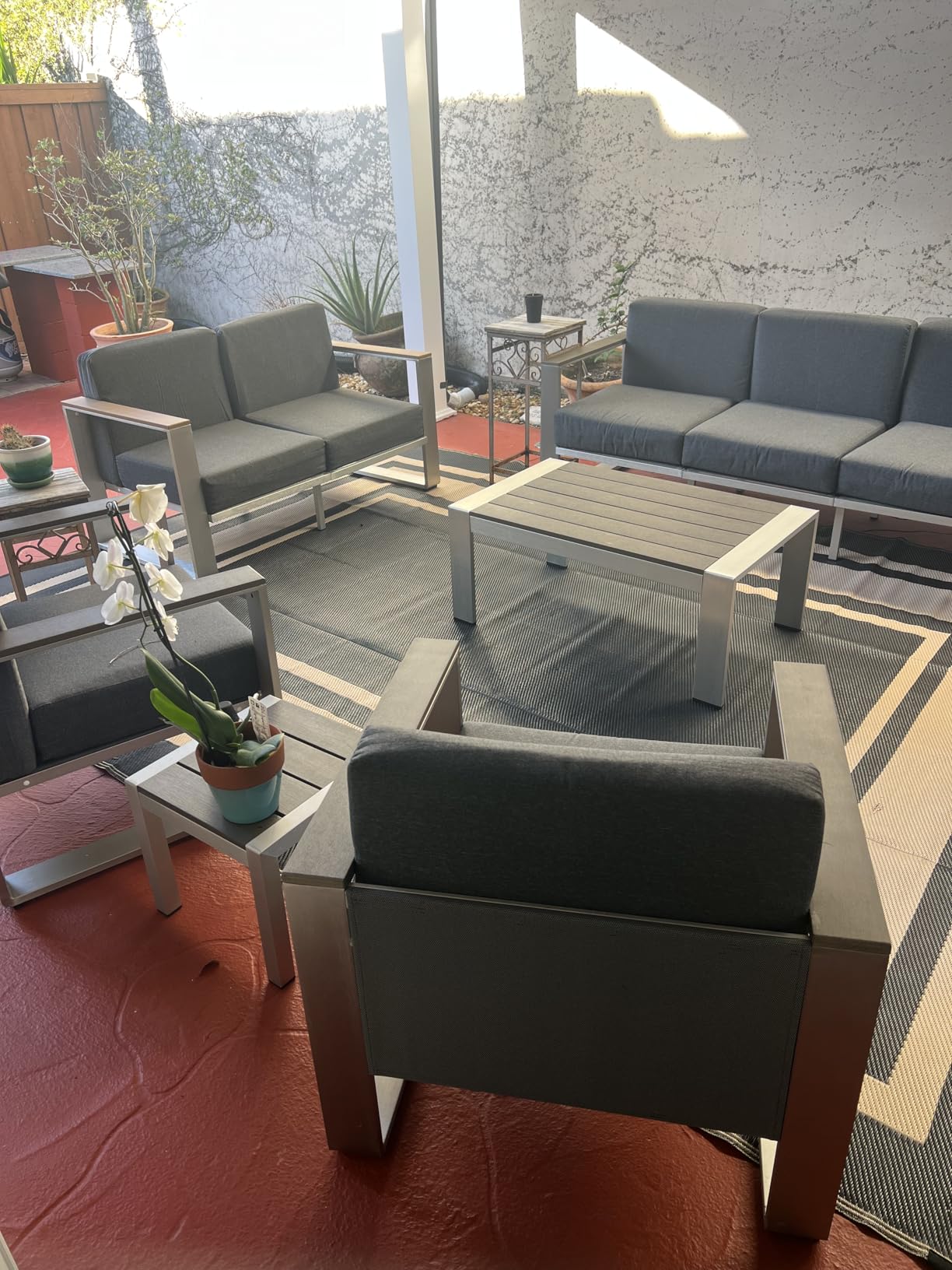 Outdoor Patio Furniture Set, 7 Seats Outdoor Patio Conversation Sets with Ergonomic Seat and Wide Washable Thick Cushions, Modern Patio Sectional Furniture for Balcony, Porch (Teak-Gray) customer photo 1