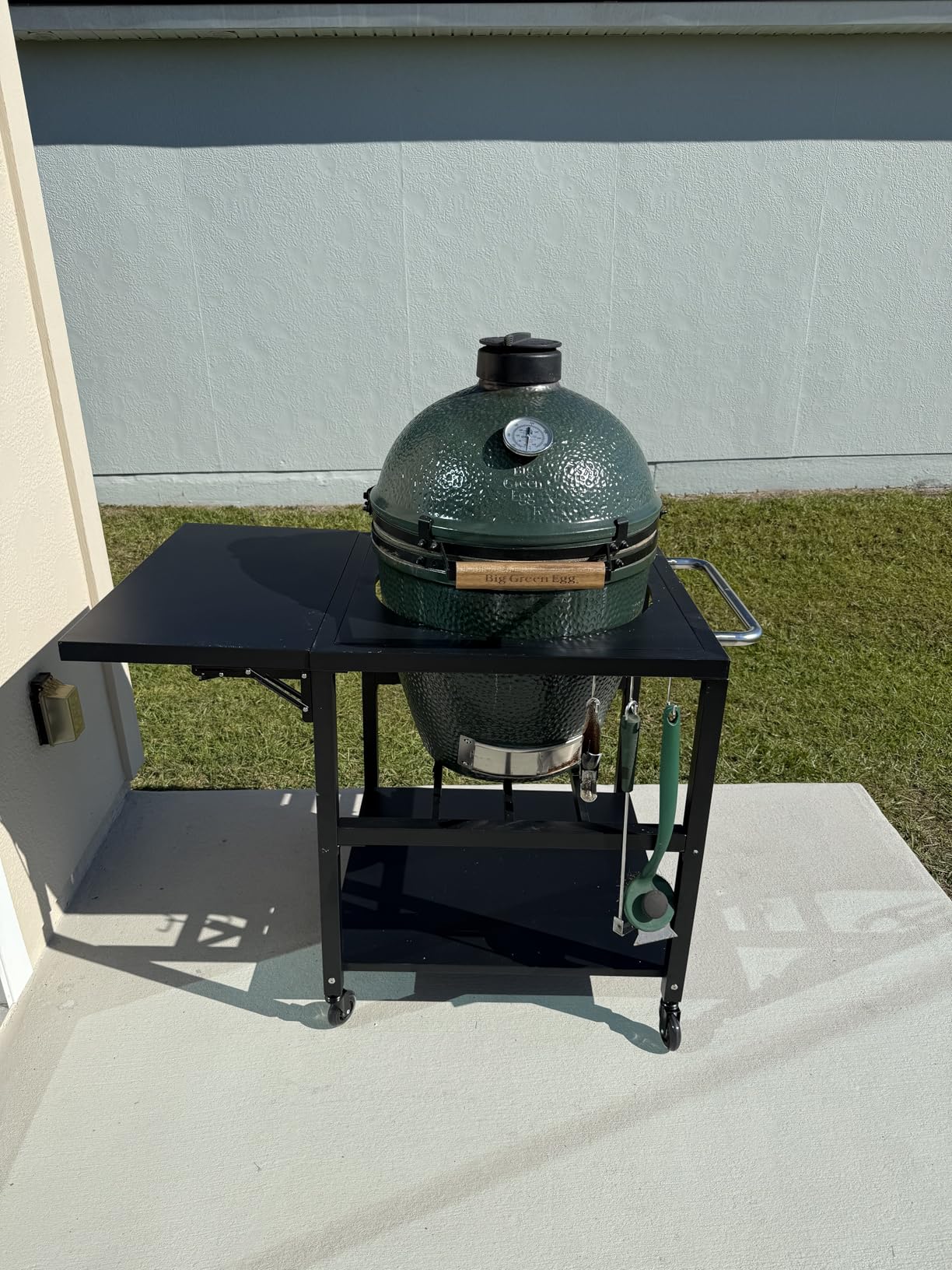 Heavy-Duty Grill Table Cart for XL Big Green Egg, Metal Green Egg Stand w/ 3' Casters, Foldable Side Table, Hooks, Bottom Shelf, Outdoor BBQ Prep Station customer photo 1