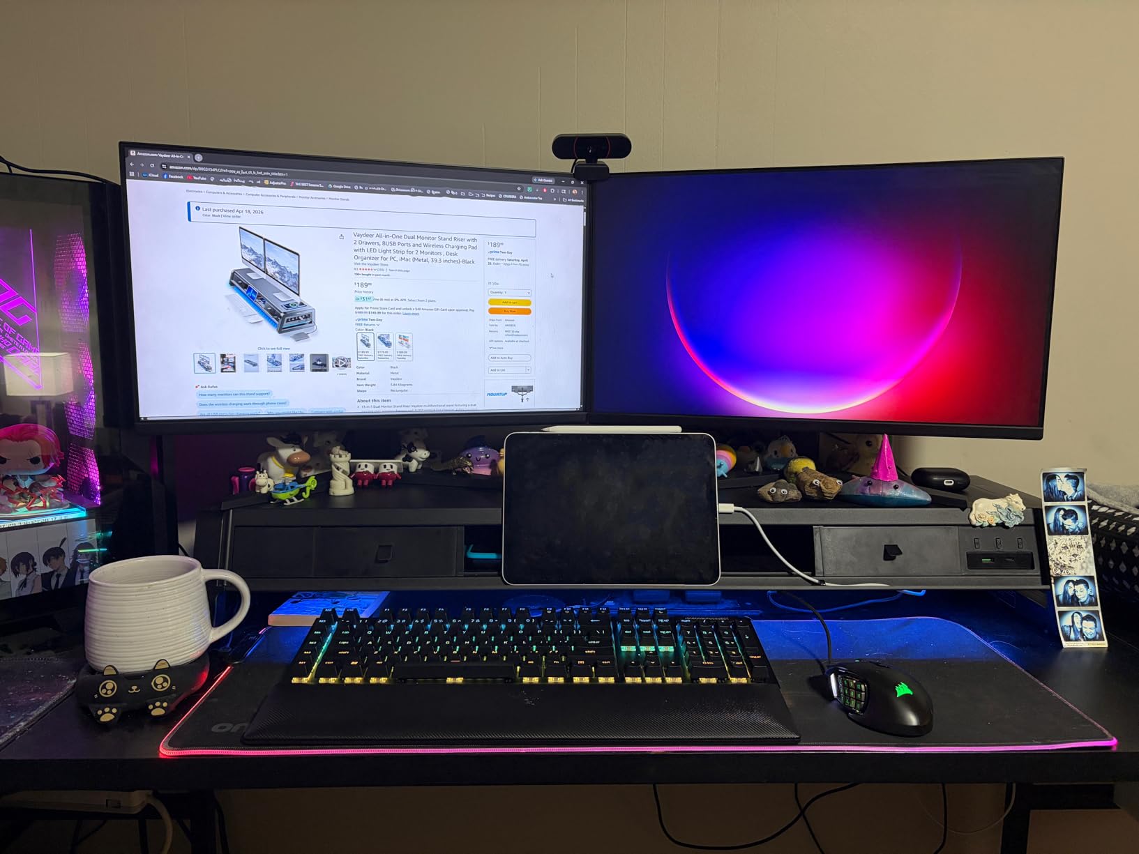 Vaydeer All-in-One Dual Monitor Stand Riser with 2 Drawers, 8USB Ports and Wireless Charging Pad with LED Light Strip for 2 Monitors , Desk Organizer for PC, iMac (Metal, 39.3 inches)-Black customer photo 2
