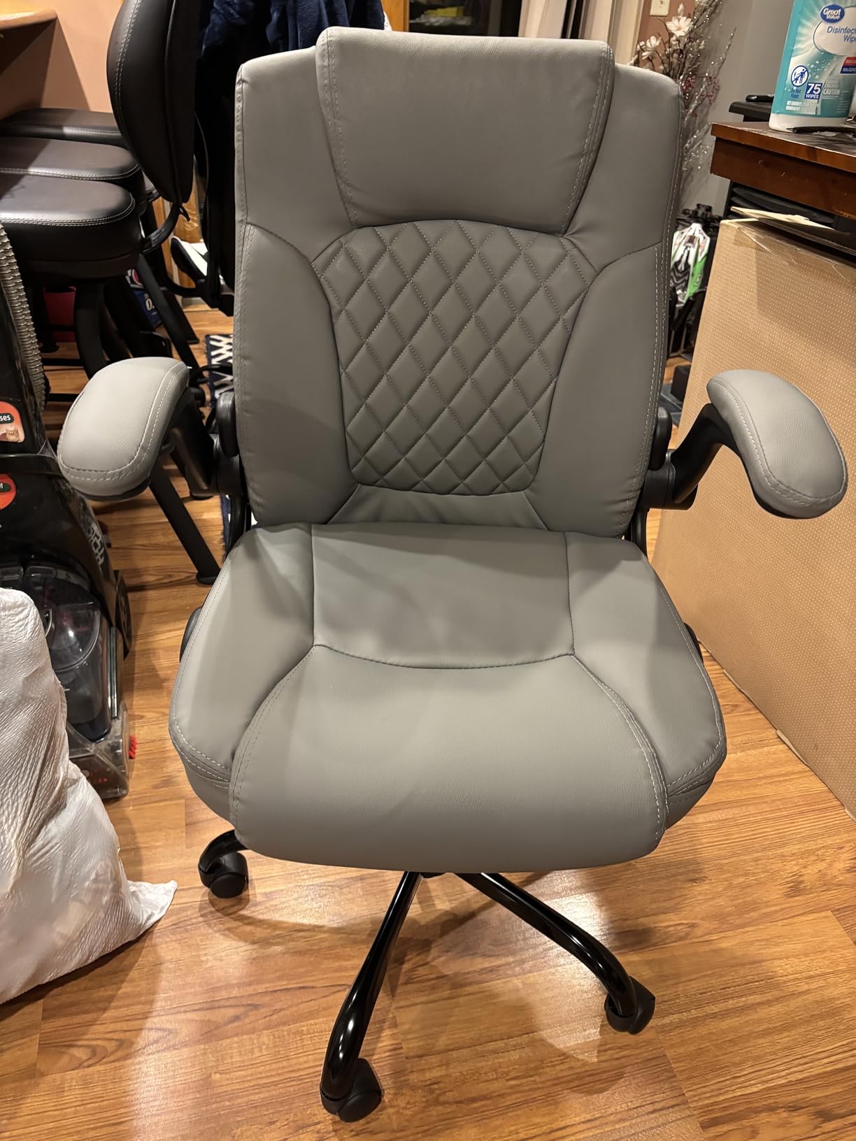 Leather Office Chair, Upgraded PU Computer Desk Chairs with Double-Layer Seat Cushion and Neckrest, 360°Swivel, Ergonomic Small Gaming Chair with Wheels and Adjustable Armrests for Short People, Grey customer photo 1
