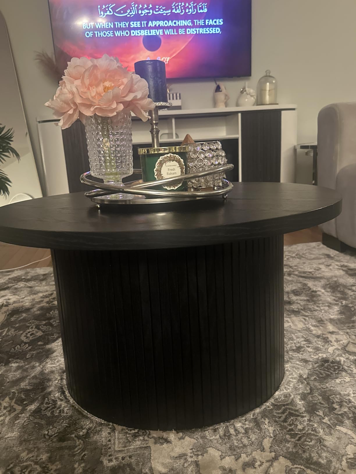 ONBRILL 31.5 inch Round Coffee Table, Tambour Design, Marble Color | Center Table, Circle Coffee Table, Mid Century Modern Style, Wooden, for Livng Room, Office, Apartment customer photo 2