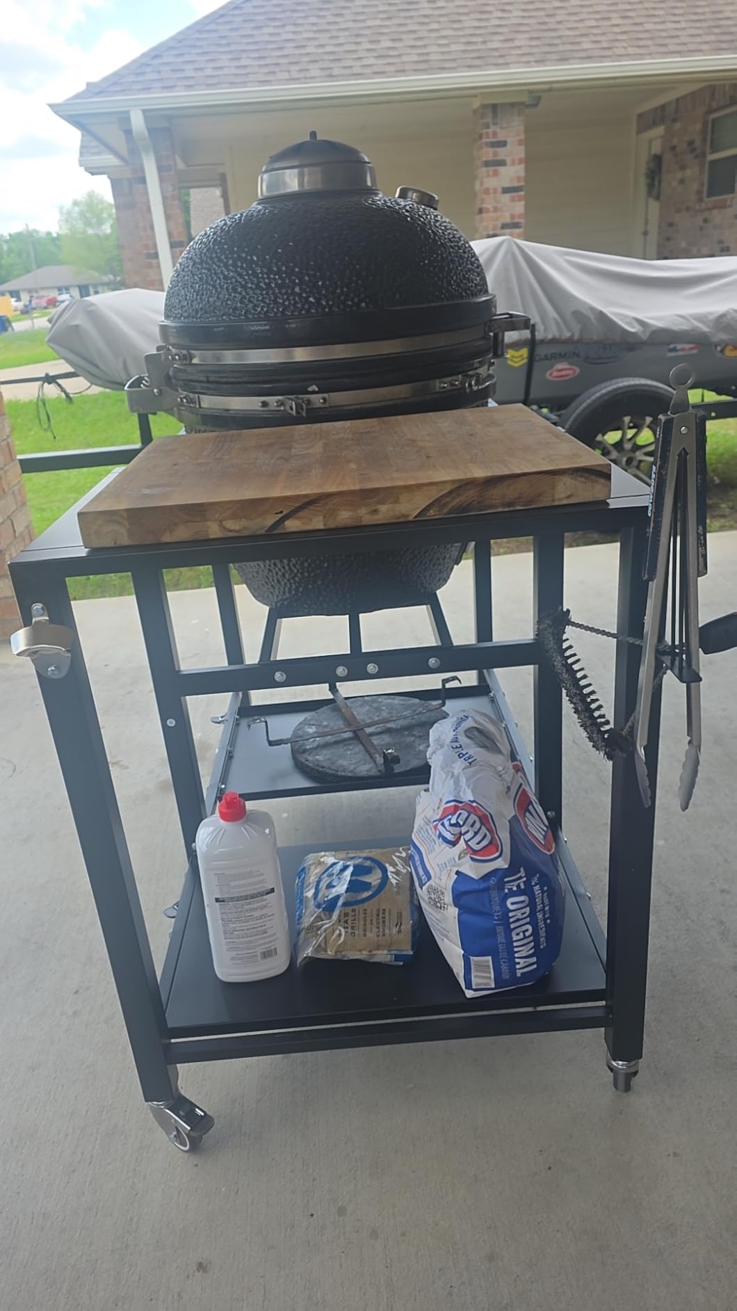 Outdoor Grill Table for Big Green Egg, BBQ Cart with Lockable Wheels, Suitable for Various Sizes of Green Egg Nest Grill Racks, Storage Rack & Bottle Opener, Prep Cooking Station customer photo 2