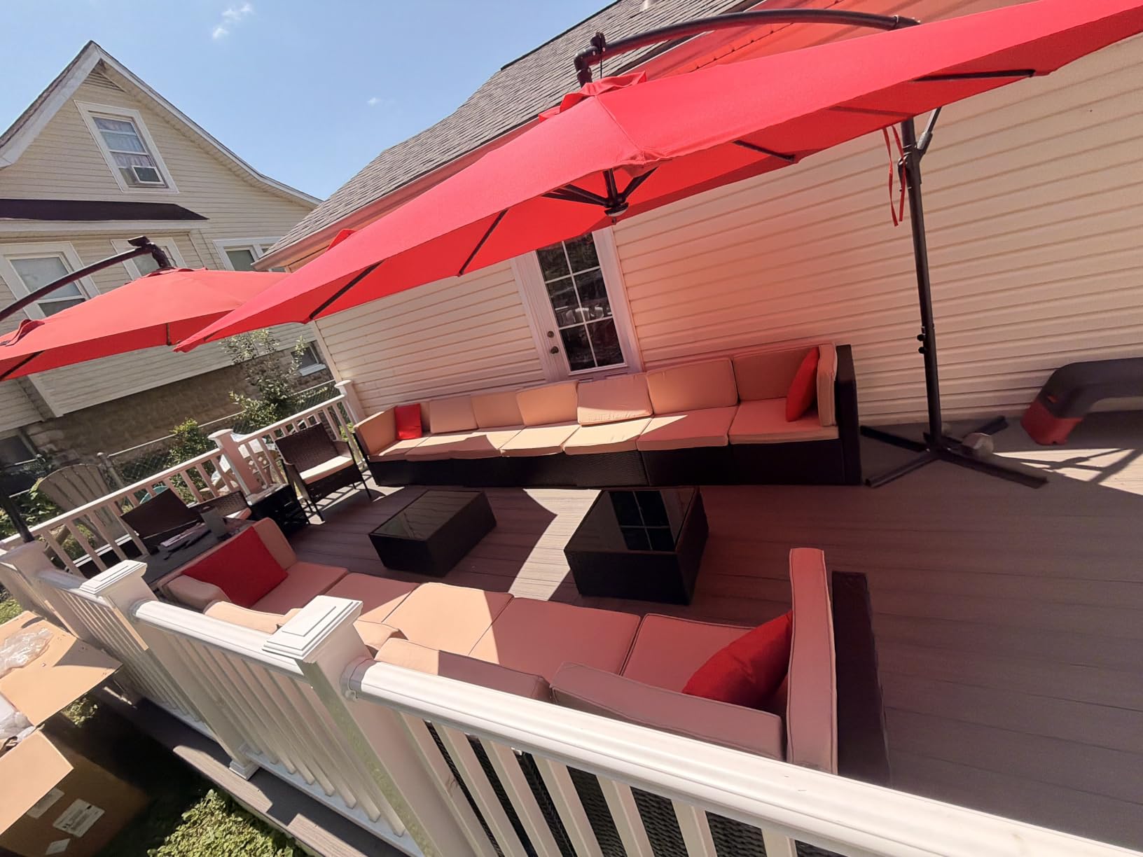 Shintenchi 7 Pieces Patio Furniture Sets Outdoor All-Weather Sectional Patio Sofa Set PE Rattan Manual Weaving Wicker Patio Conversation Set with Glass Table&Ottoman Cushion and Red Pillows, Beige customer photo 2