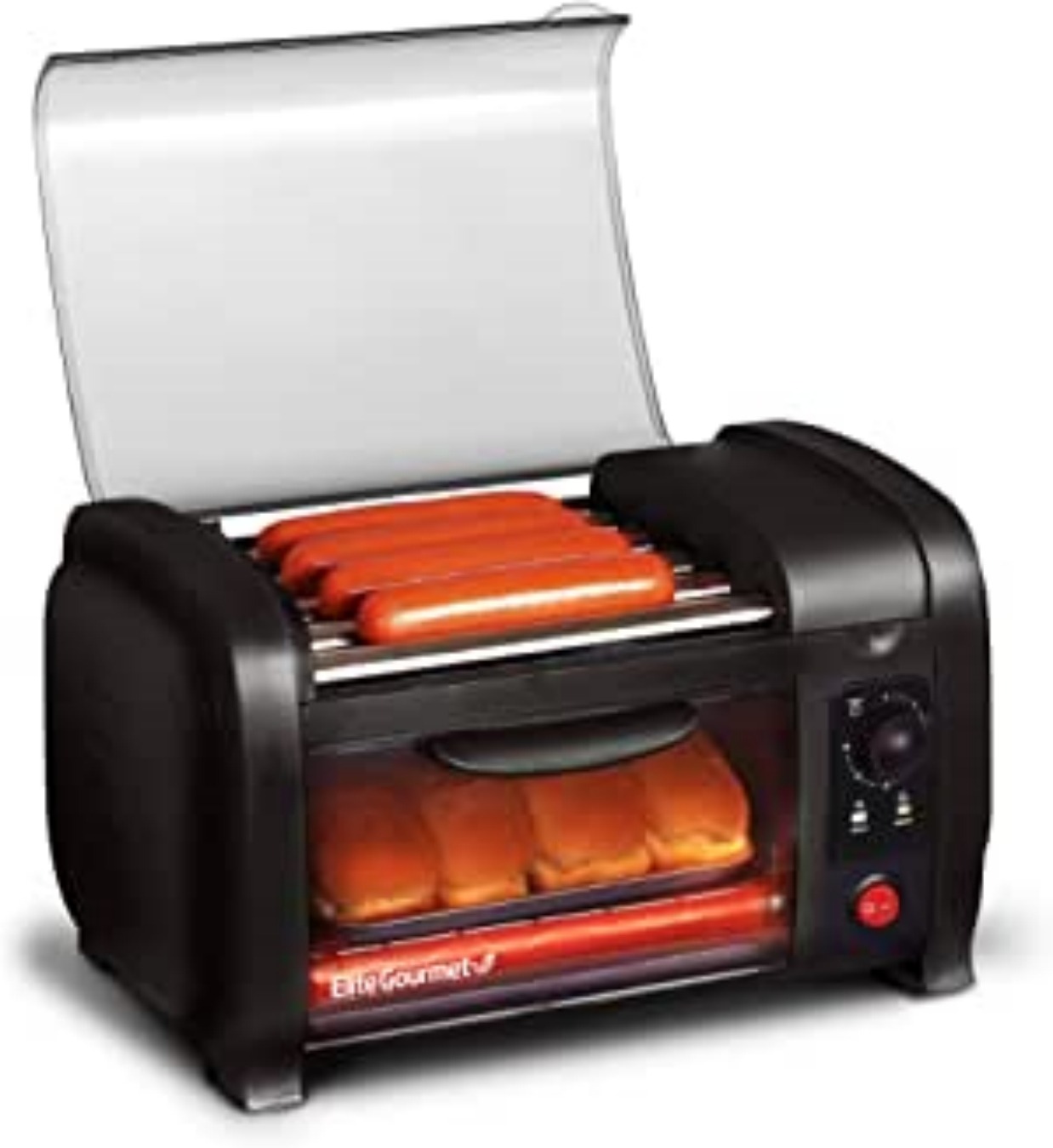 Elite Gourmet 8-Hot Dog Roller/Toaster Oven, 5 Rollers, Auto Shut-Off, Red | 30-Min Timer, Stainless Steel Rollers, 2 Warming Racks, Bun Warmer & Drip Pan - cooks brats, sausages & taquitos customer photo 2