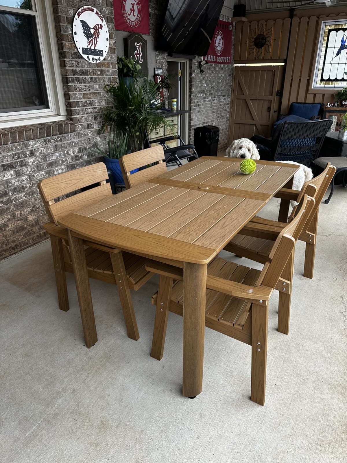 7-Piece Outdoor Dining Set, All-Weather HIPS Patio Table & Chairs for 6, Outdoor Furniture with Umbrella Hole, Ideal for Garden, Poolside, Backyard, Deck, Teak customer photo 1