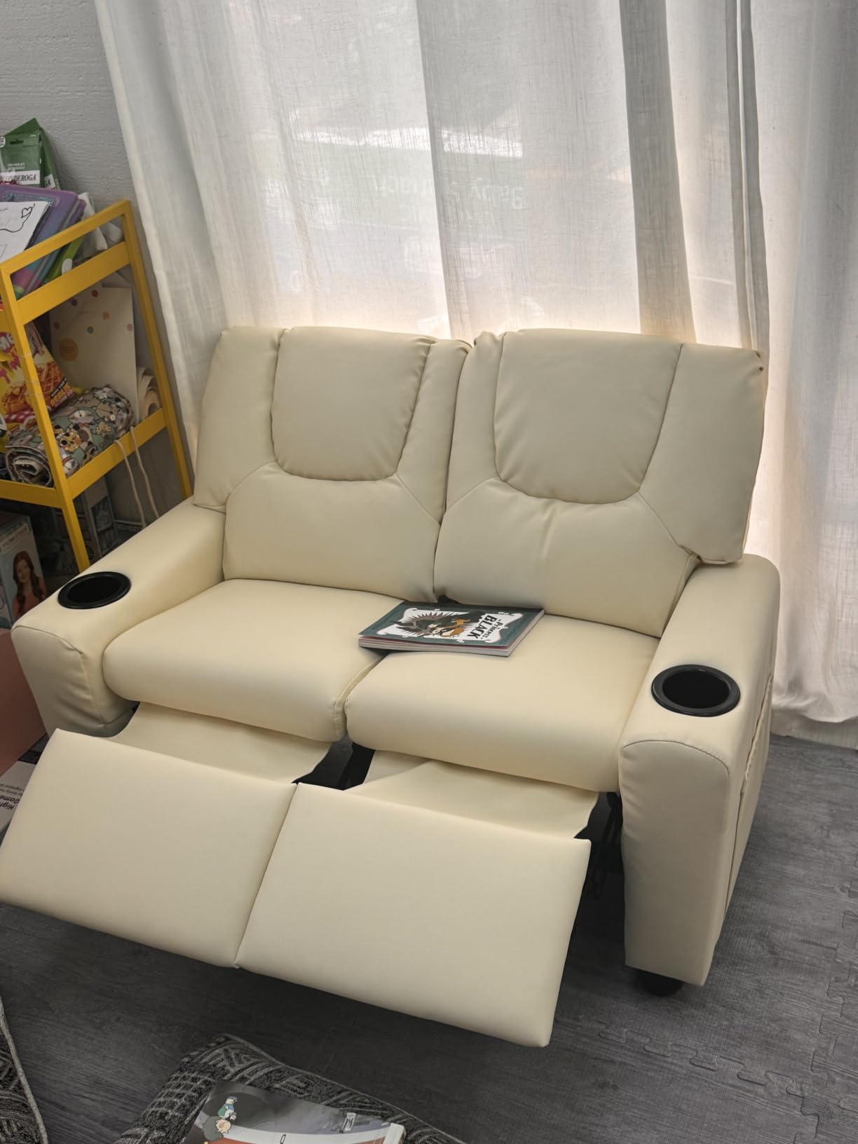 Costzon 2-Seater Kids Recliner, Double Toddler Sofa Chair w/2 Cup Holders & 2 Side Storage Pockets, PU Leather Kids Loveseat Couch w/Adjustable Backrest & Footrest for Girls & Boys 3+ Years Old customer photo 1
