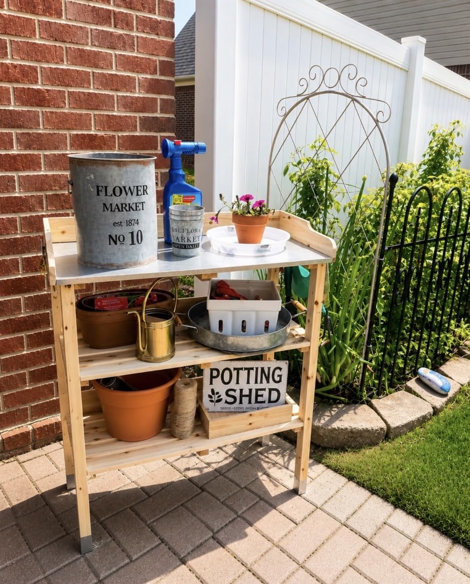 Outdoor Potting Bench with Metal Top, Sliding Drawer & Storage Shelves | Weatherproof Design, Open Shelf, Metal Tool Hooks customer photo 1