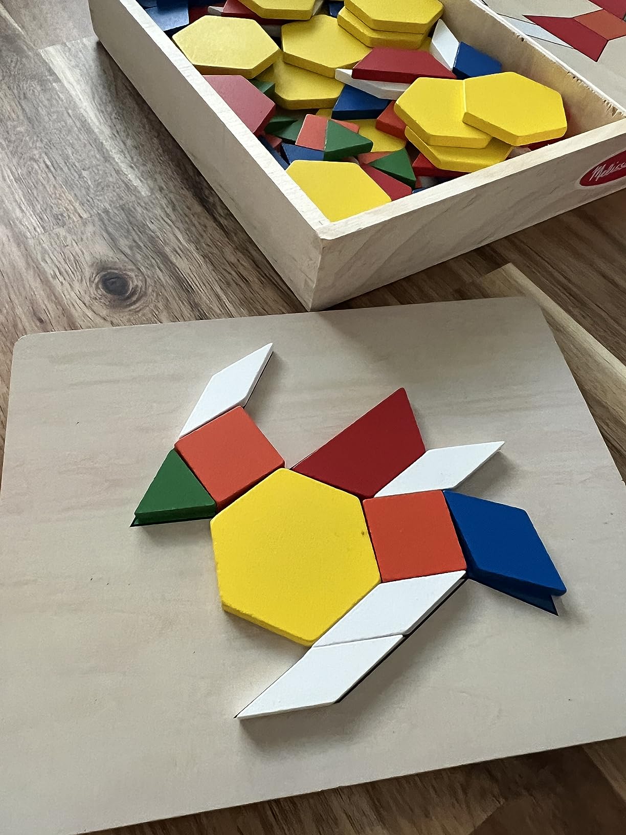 Melissa & Doug Pattern Blocks and Boards with 120 Multi-Colored Wooden Shape Tiles, 5 Double-Sided Puzzle Boards, Tangram Puzzles, Montessori Toys for Girls & Boys customer photo 2