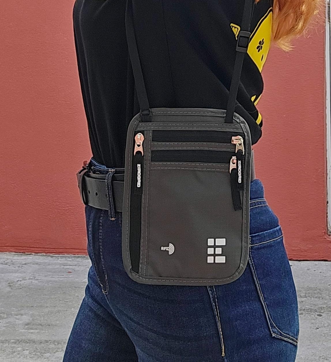 Zero Grid RFID Travel Neck Wallet, Large Passport Holder, Dark Grey customer photo 1