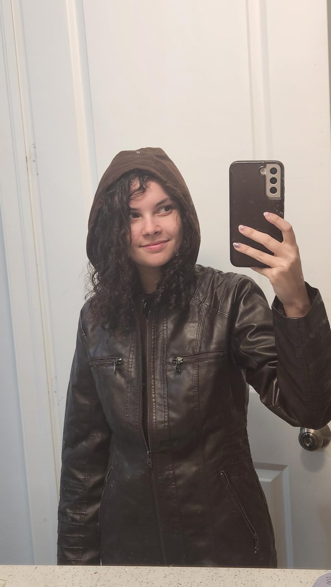 Tanming Faux Leather Jacket Women Hooded Moto Biker Coat customer photo 1
