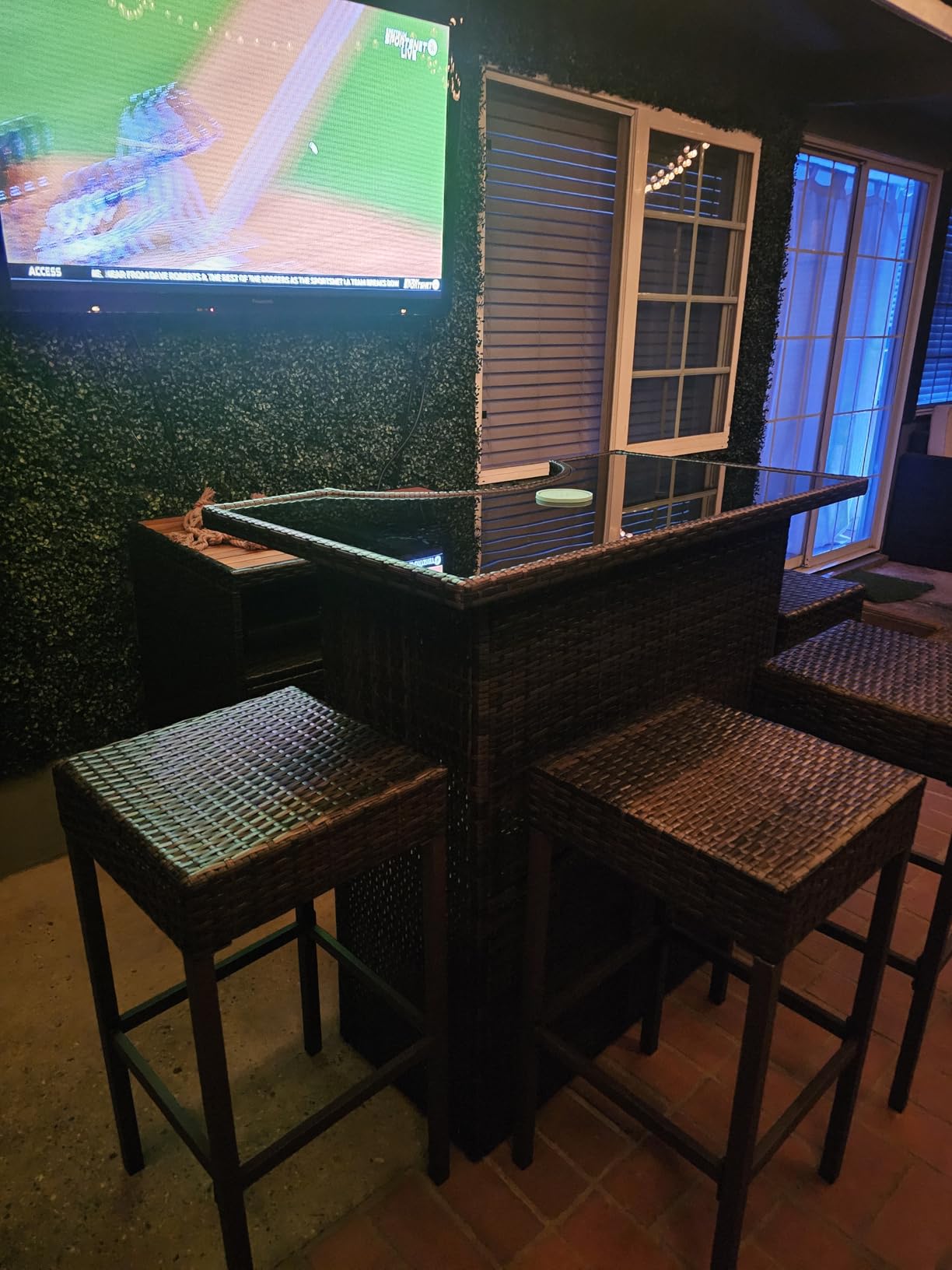 Outsunny 5 Pcs Rattan Wicker Bar Set, High Top Outdoor Table and Chairs, Bar Height Patio Set with Glass Table Top 2 Tier Storage Shelf, and 4 Bar Stools for Garden, Poolside, Dark Brown customer photo 1