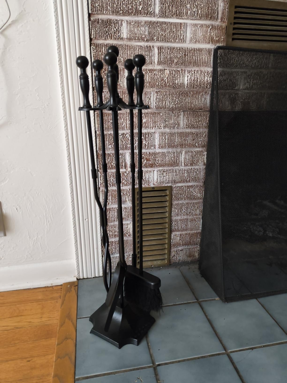 AMAGABELI Garden & Home 5 Pcs Fireplace Tools Brass Handles Wrought Iron Set Holder Indoor Outdoor Fireset Fire Pit Stand Rustic Tongs Shovel Brush Chimney Poker Wood Stove Hearth Accessories Kit customer photo 1