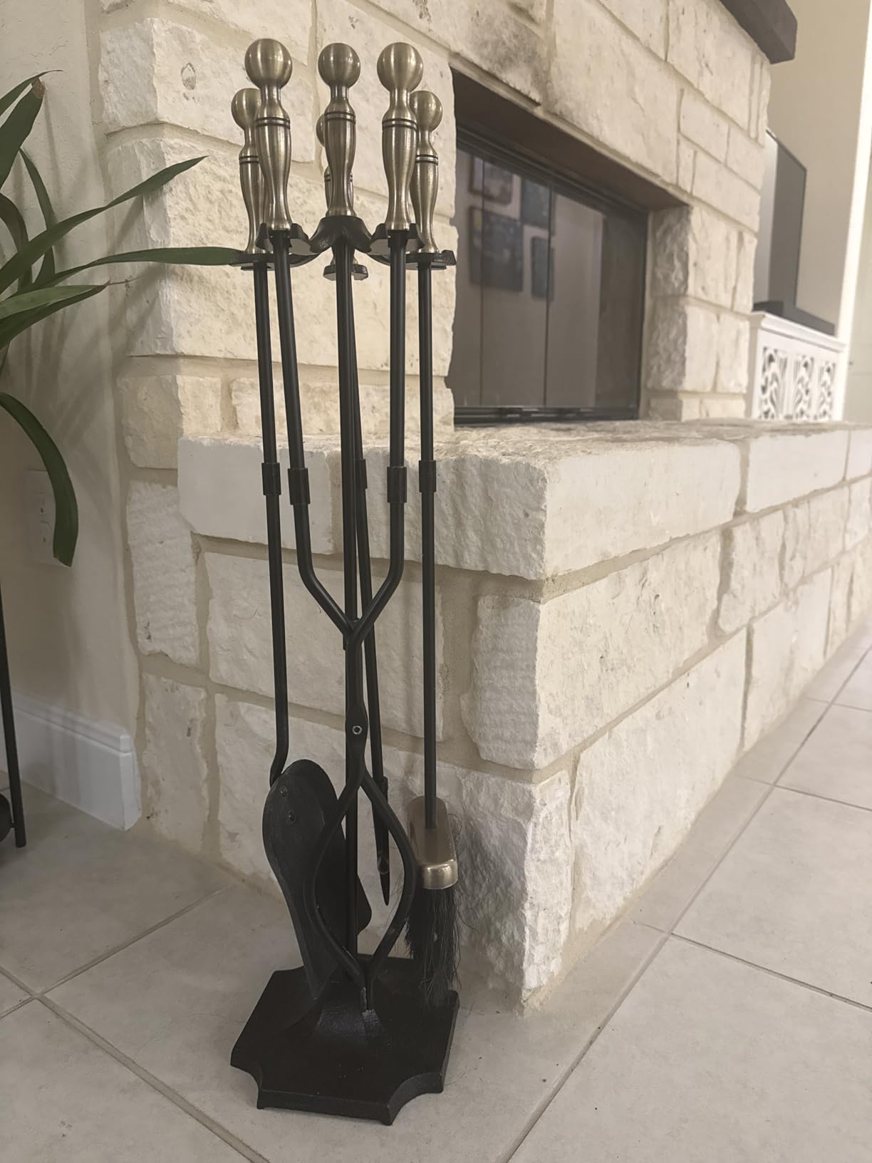 AMAGABELI Garden & Home 5 Pcs Fireplace Tools Brass Handles Wrought Iron Set Holder Indoor Outdoor Fireset Fire Pit Stand Rustic Tongs Shovel Brush Chimney Poker Wood Stove Hearth Accessories Kit customer photo 2