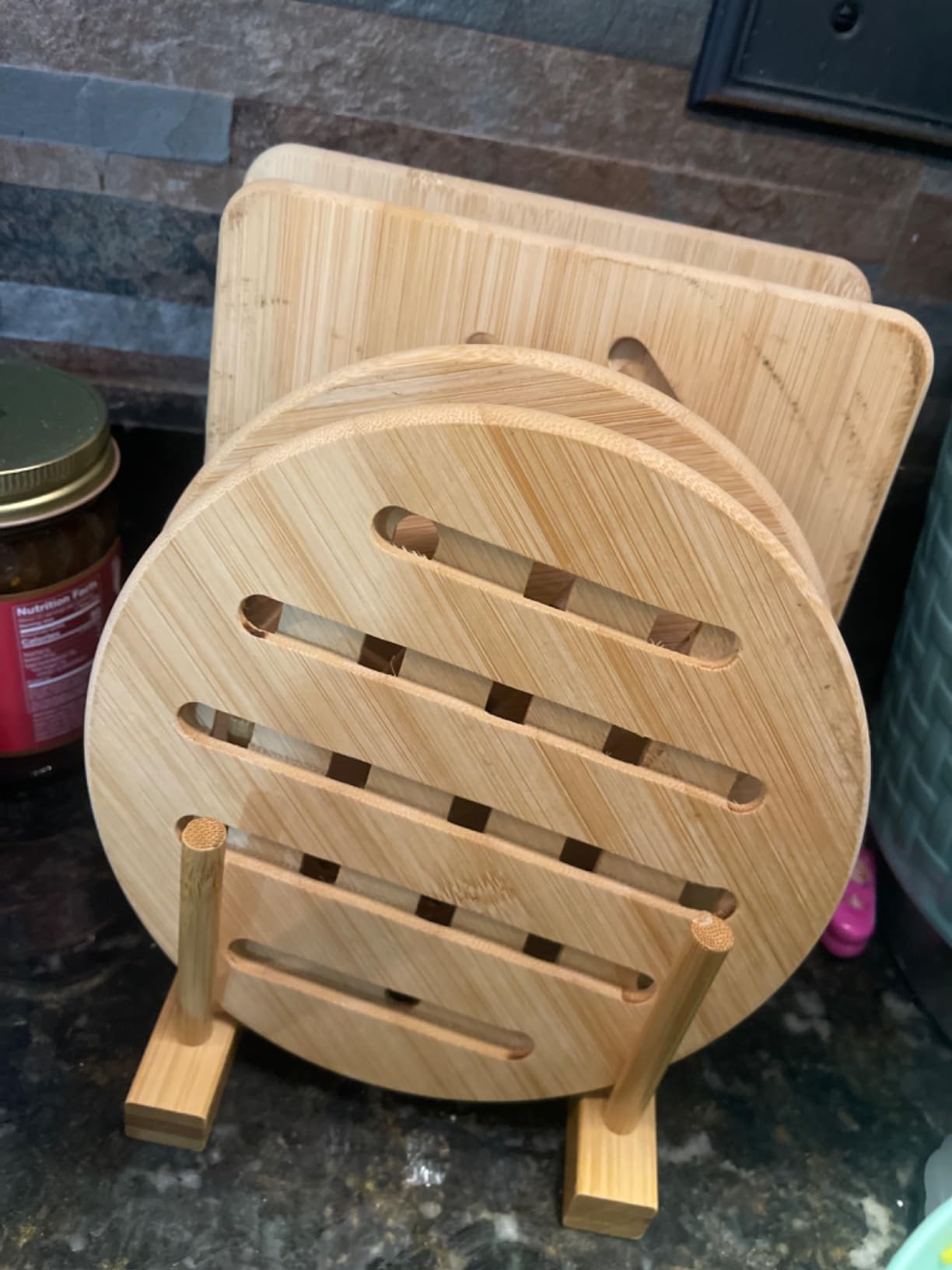 Hot Pads Trivet,Table Solid Bamboo Wood Trivets for Hot Dishes and Pot with Non-Slip Pads Heat Resistant Pads Teapot Trivet 4pcs(Multi Size,2 Square 2 Round) customer photo 2