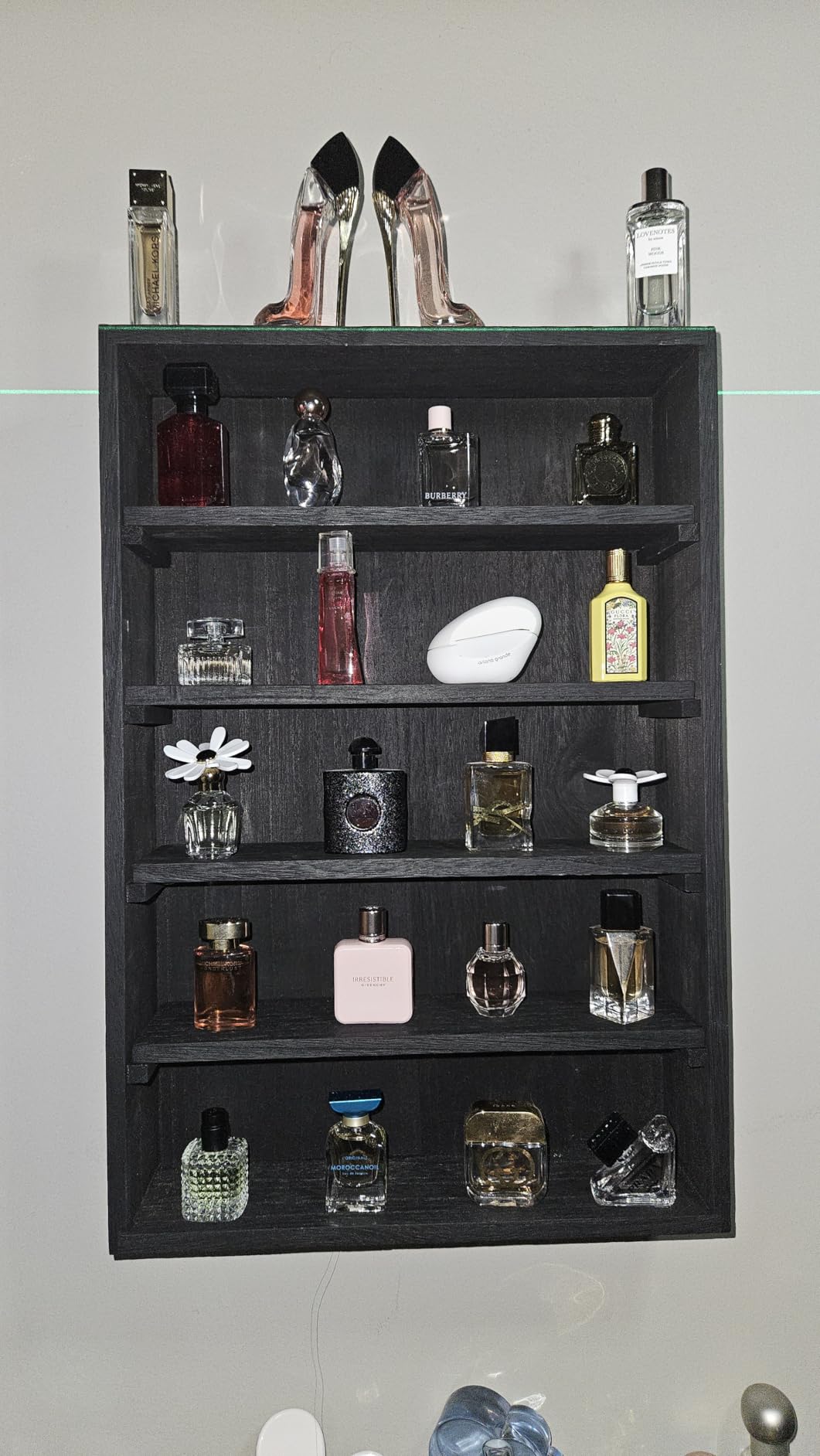 Ikee Design Wooden Wall-Mounted Display Shelves Rack for Collectibles-Figures, Shot Glasses, Spice Can, Cosmetics or Perfume-5 Adjustable Height Shelves, Space-Saving, Oak Color customer photo 2