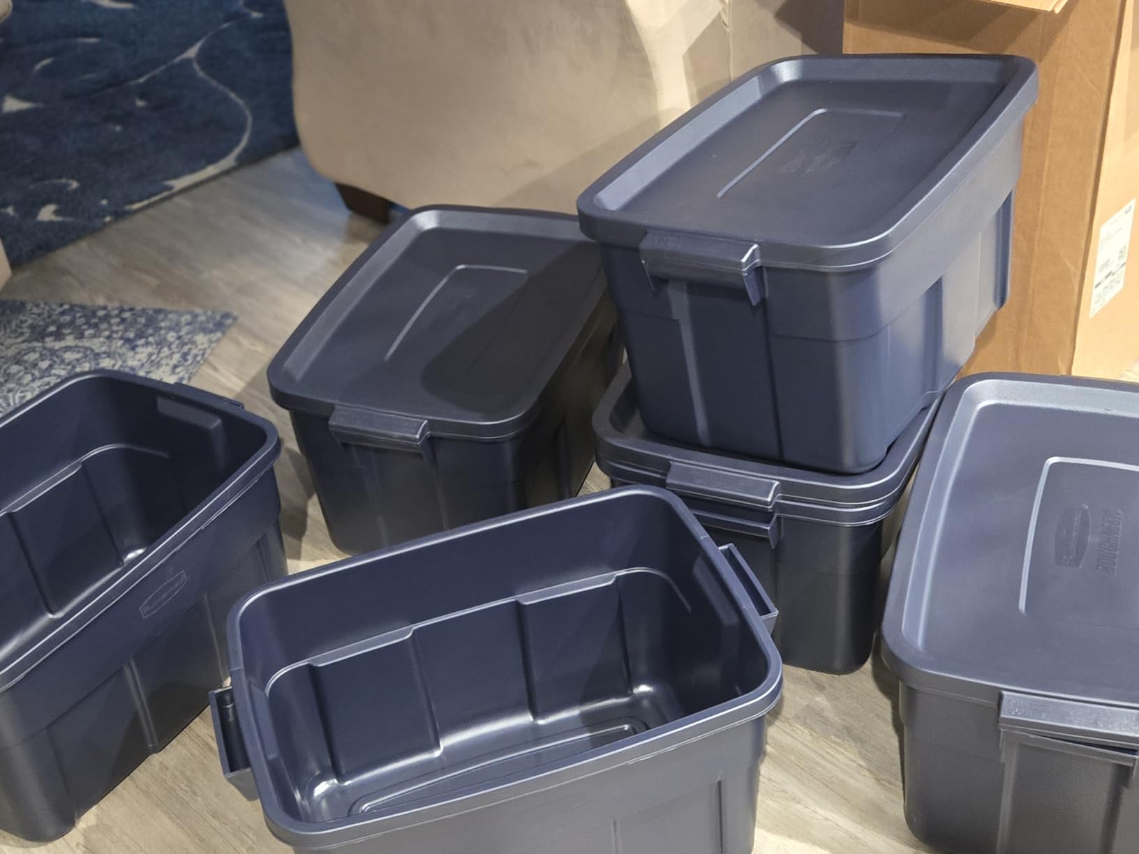 Rubbermaid Roughneck Tote 18 Gal, 6 Pack, Made in USA, Dark Indigo Metallic, Rugged Plastic Stackable Storage Bins with Lids and Handles customer photo 2