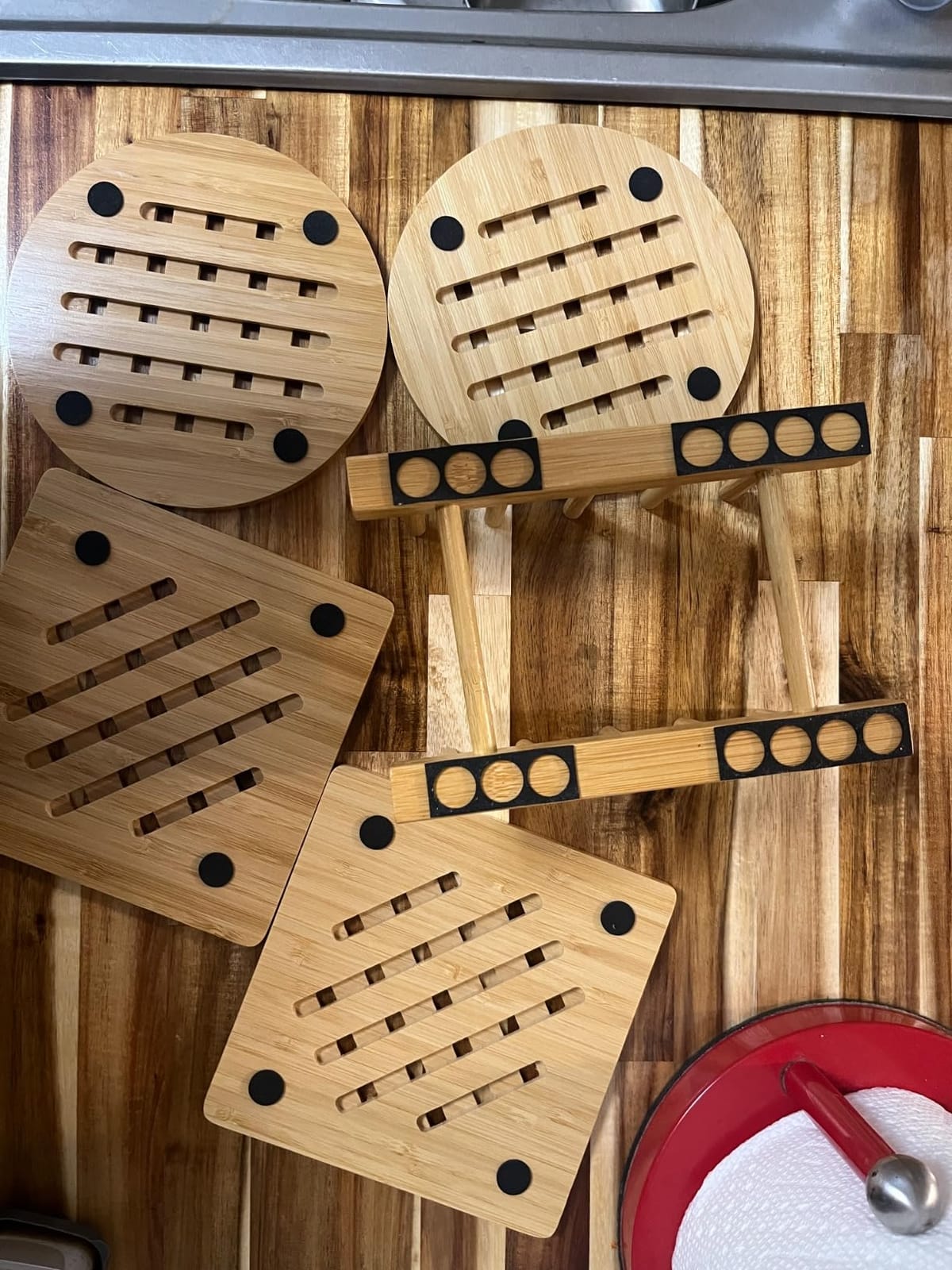 Bamboo Trivet Kitchen Bamboo Hot Pads Trivet Natural Bamboo Trivet Mat Set for Hot Dishes/Pot/Bowl/Teapot/Hot Pot Holders 2 Square 2 Roundness 1 Storage Rack customer photo 2