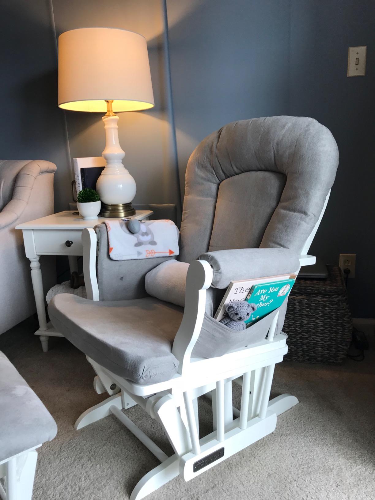 Child Craft Cozy Glider Rocker and Ottoman Set, Smooth Quiet Gliding Motion, Padded Cushion with Convenient Storage Pockets, Solid Wood Base & Frame (Dapper Gray with Light Gray Cushion) customer photo 1