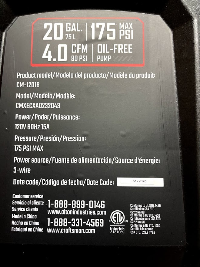 Craftsman Air Compressor, 20 Gallon Oil-Free 1.8 HP Max 175 PSI Pressure Two Quick Couplers Big Capacity, Red- CMXECXA0232043 customer photo 2