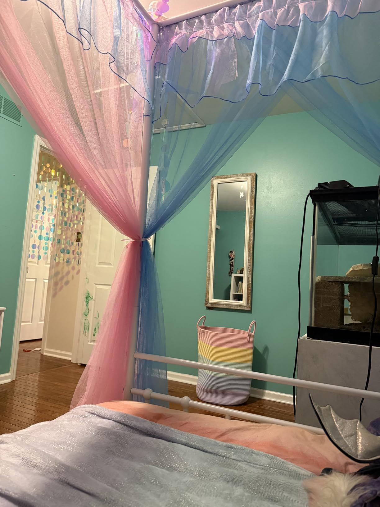 Mengersi Rainbow Canopy Bed Curtains with Lights - Princess Bed Canopy for Girls - Bed Drapes Netting- Bedroom Decoration Accessories,Twin customer photo 2