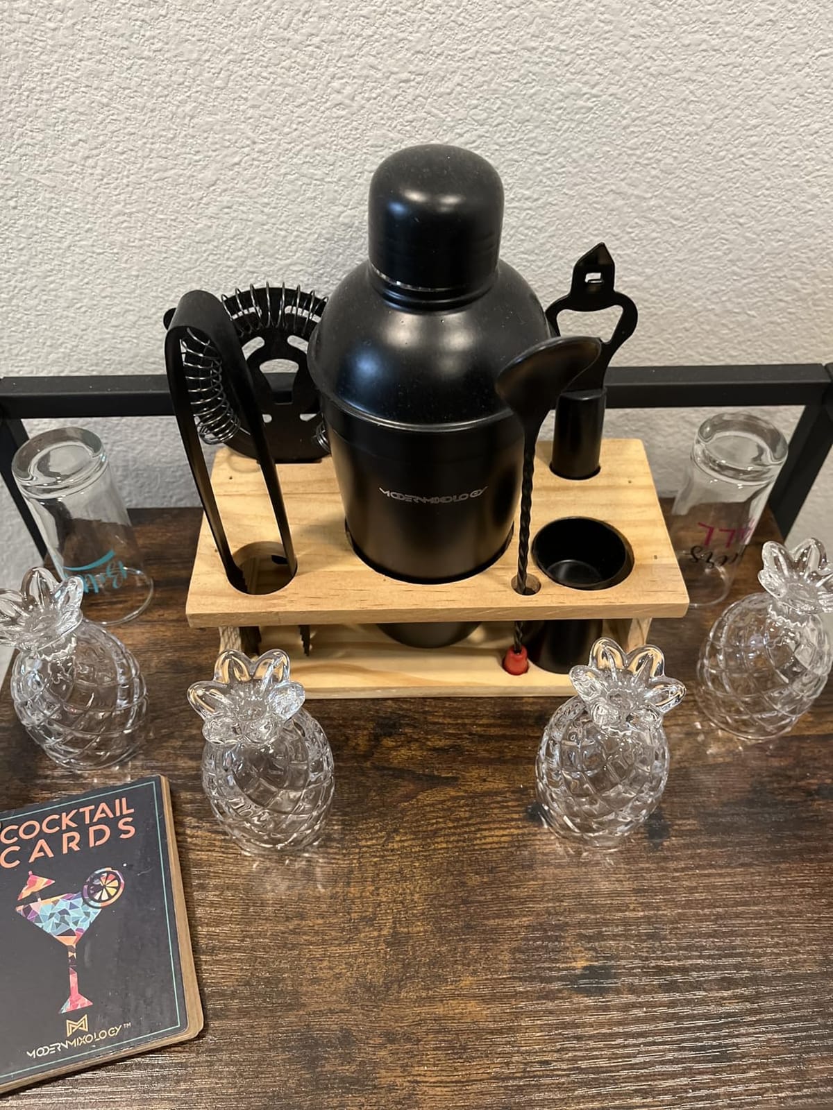 Modern Mixology Cocktail Shaker Set - Bartender Kit with Pine Stand | Leak-Proof Design | Includes Martini Shaker, Jigger, Strainer, Spoon, Tongs | Perfect Bar Tools Gift for Home Mixology (Silver) customer photo 1
