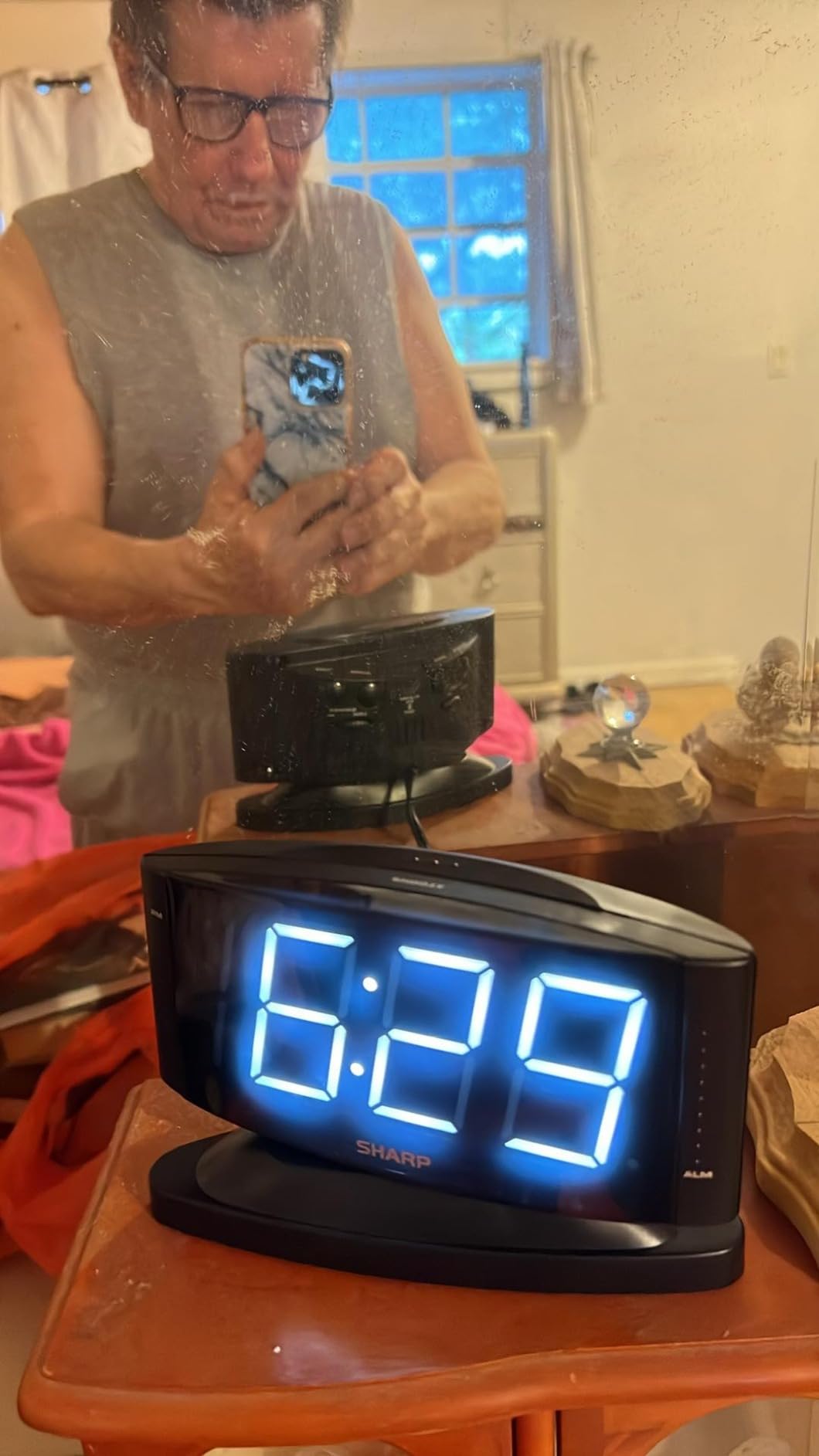 Sharp Digital Alarm Clock with Swivel Base, Green LED, Dimmer, Silver customer photo 2