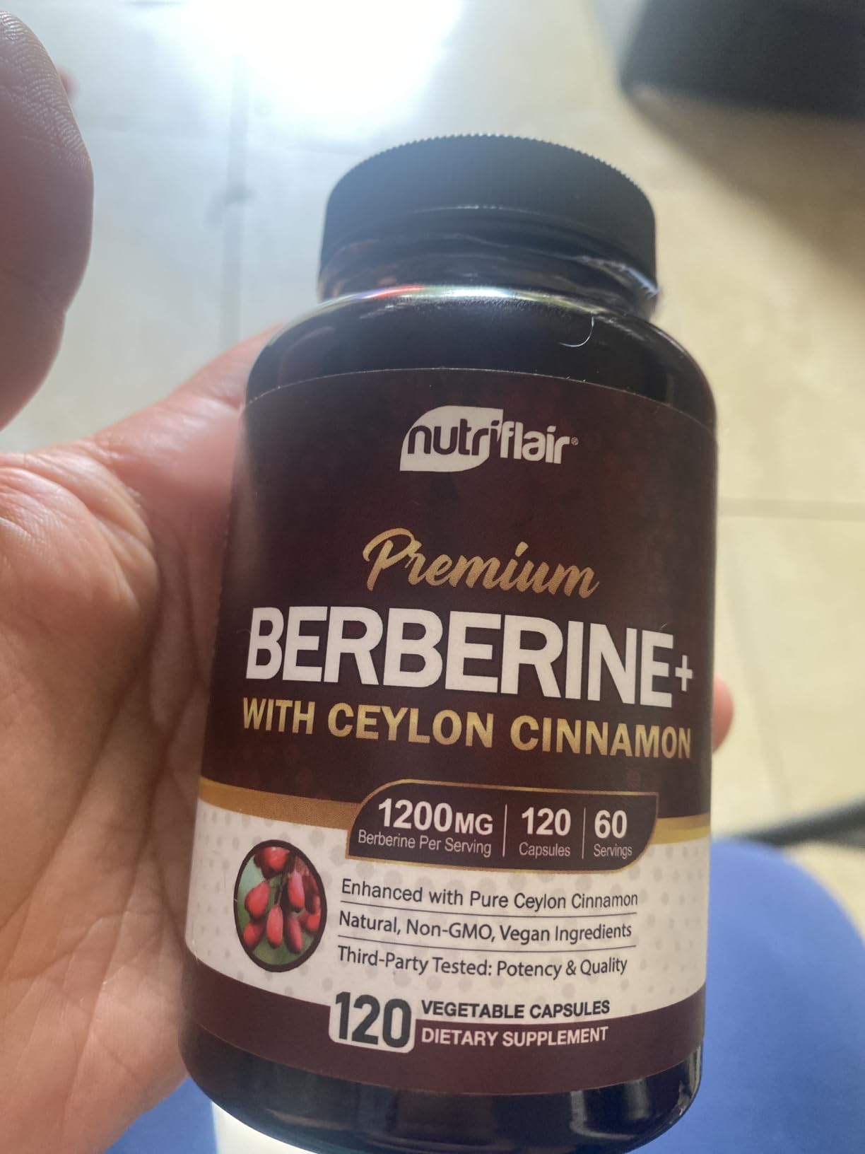 NutriFlair Berberine HCl 1200mg, 120 Capsules - Plus Ceylon Cinnamon, Berberine HCI Root Supplements Pills - Made in USA customer photo 1