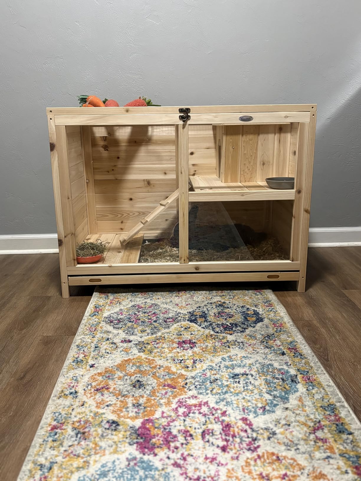 PawHut Rabbit Hutch with Wheels, Desk and Side Table Sized, Wooden Rabbit Cage, Waterproof Small Bunny Cage with Removable Tray, Openable Roof, for Indoor & Outdoor, Natural customer photo 1