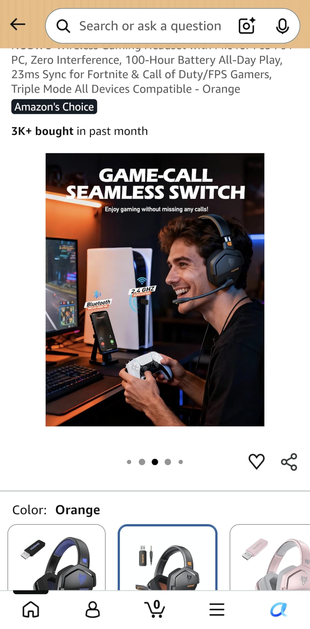 NUBWO Wireless Gaming Headset with Mic for Ps5 Ps4 PC, Zero Interference, 100-Hour Battery All-Day Play, 23ms Sync​ for Fortnite & Call of Duty/FPS Gamers, Triple Mode All Devices Compatible - Orange customer photo 2