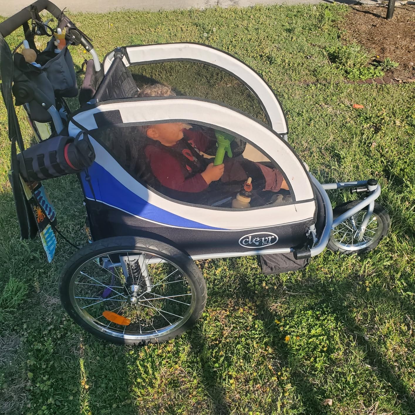 ClevrPlus Deluxe 3-in-1 Double 2 Seat Bicycle Bike Trailer Jogger Stroller for Kids Children | Foldable Collapsible w/Pivot Front Wheel customer photo 1